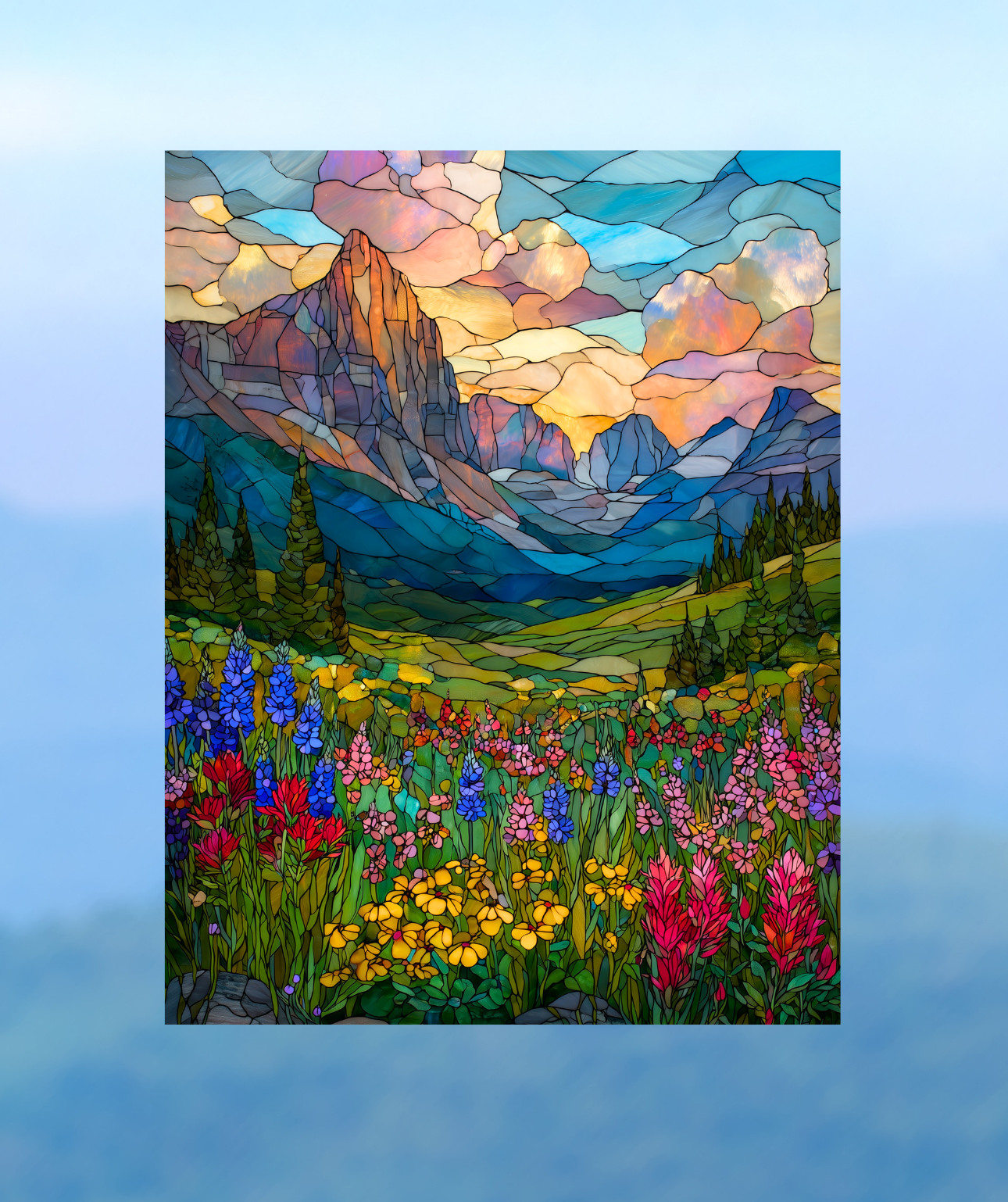 Wildflower Meadow Faux Stained-Glass WINDOW CLING Size 10.3″ Vinyl