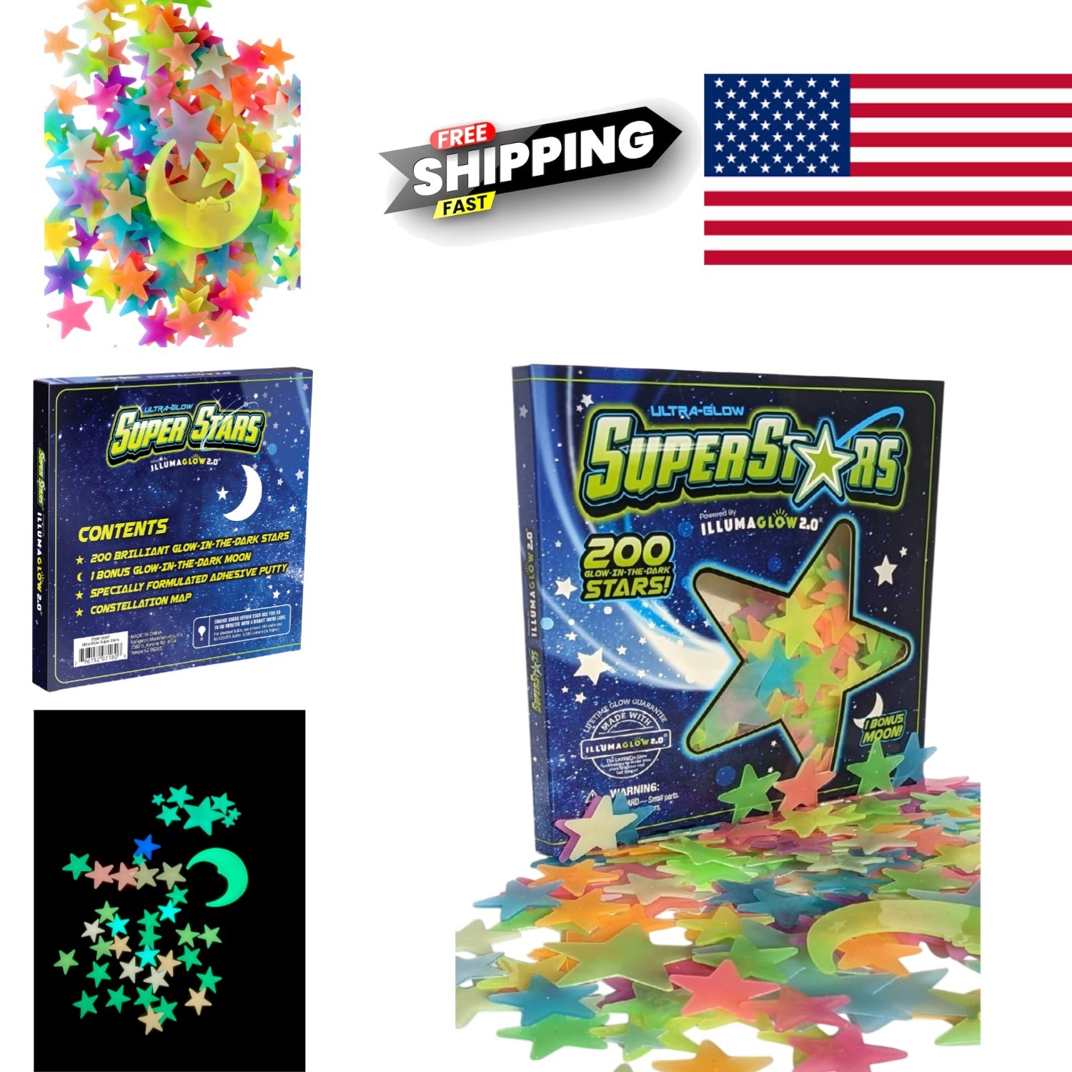 Glow in The Dark Stars Multicolor Ceiling Stickers with Installation Material