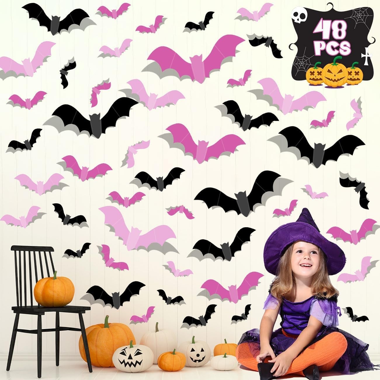 Charming 48PCS Pink Bat Wall Stickers – Glittery Halloween Accent Decor