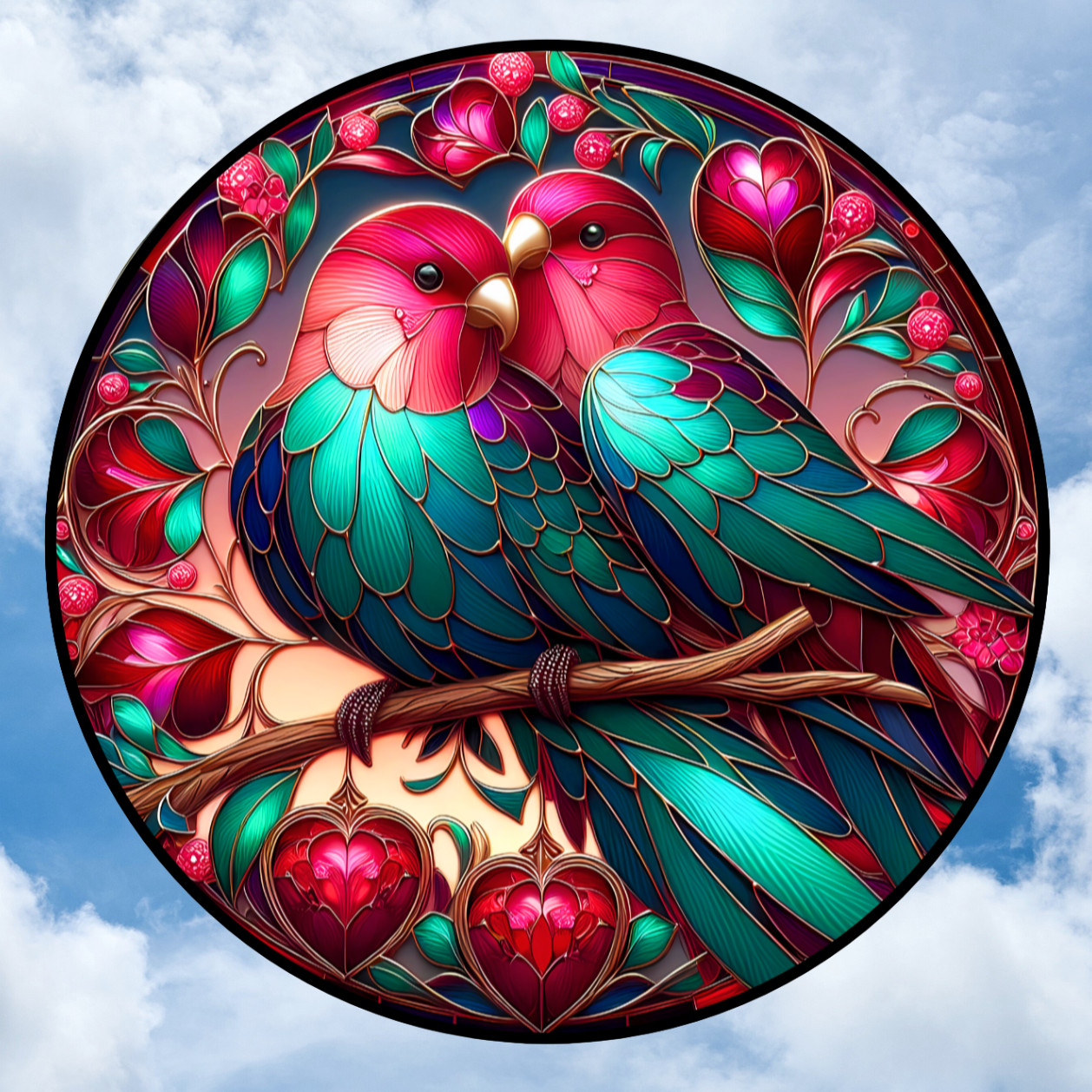 Love Birds Faux Stained-Glass Valentine WINDOW CLING Suncatcher Size 8″