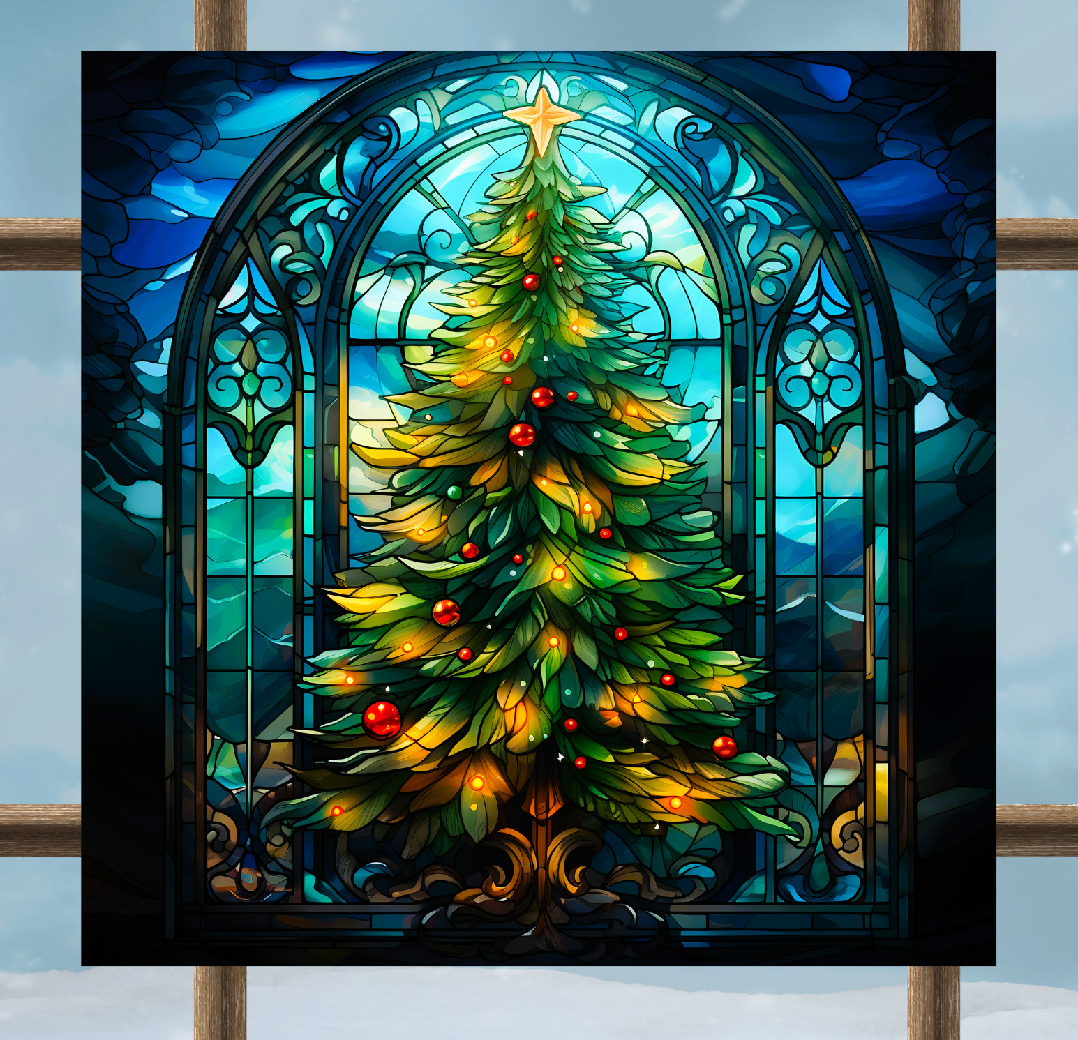 Christmas Tree Faux Stained Glass WINDOW CLING Size 8″ Square Vinyl