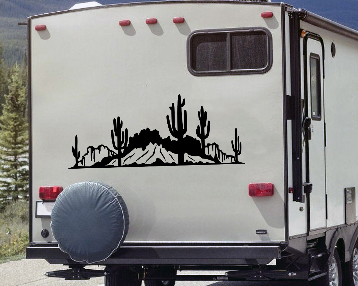 Desert Cactus Mountain Scene V6 Vinyl Decal – RV Camper Graphics Window Sticker