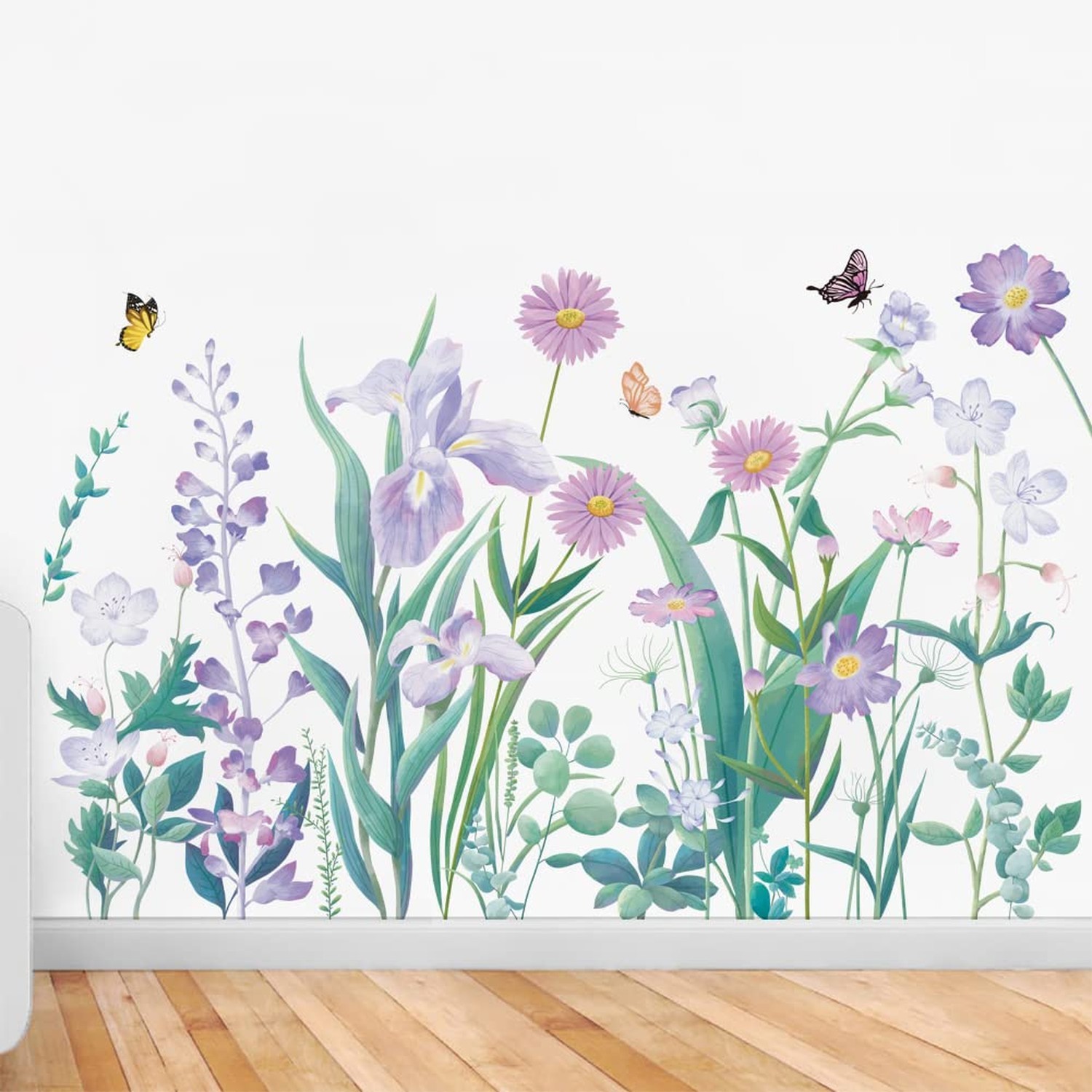 Runtoo Purple Flowers Wall Decal Butterfly Garden Floral Wall Stickers for Gi…