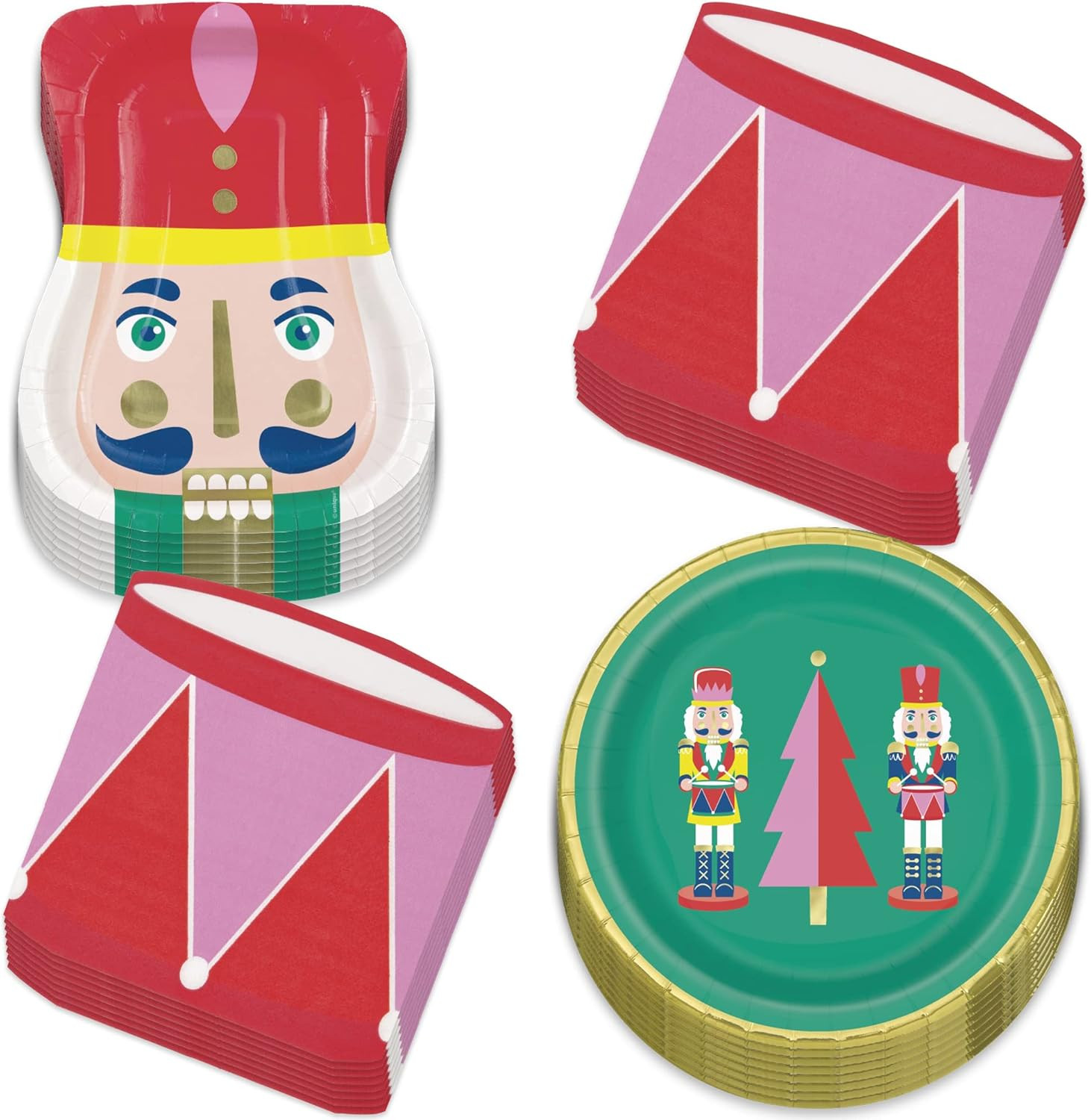 Nutcracker Christmas Party Shaped Paper Plates, Gold Rim Vibrant Tree round Pape
