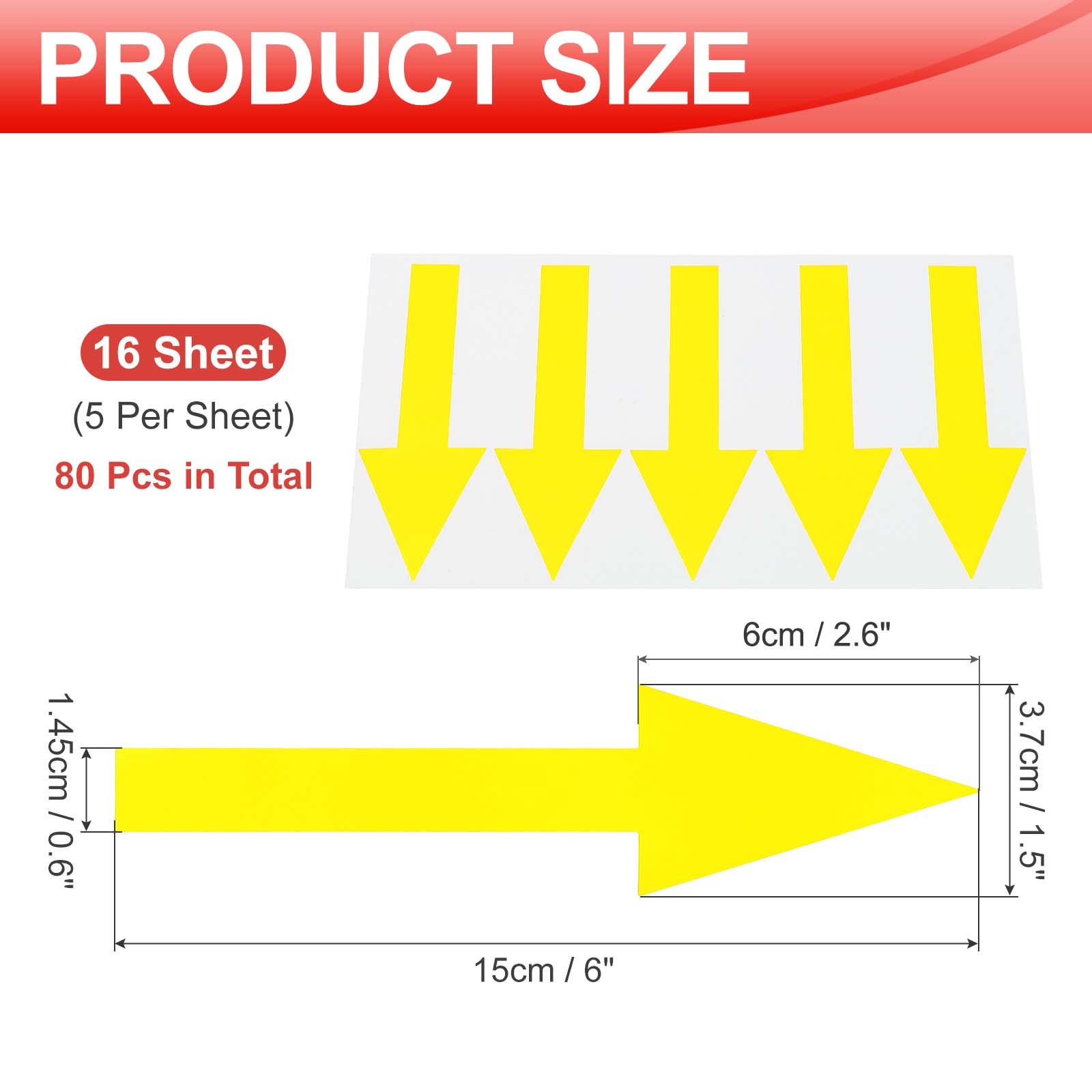 Arrow Sticker, (6×1.5 Inch, Yellow) (80 Pcs), Waterproof Arrow Sign Sticker