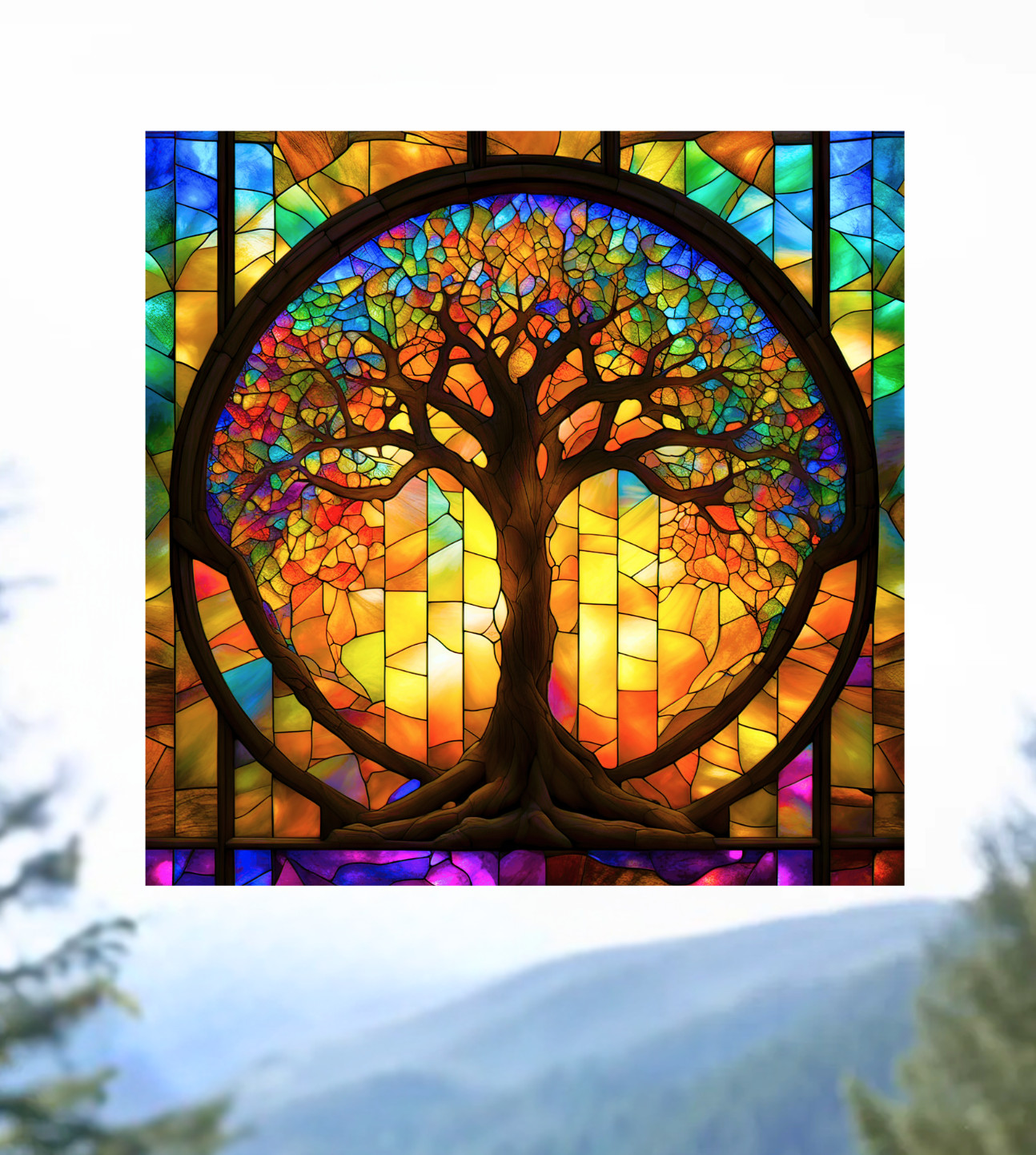 Tree of Life ~ Faux Stained-Glass WINDOW CLING Size 8″ Square Vinyl