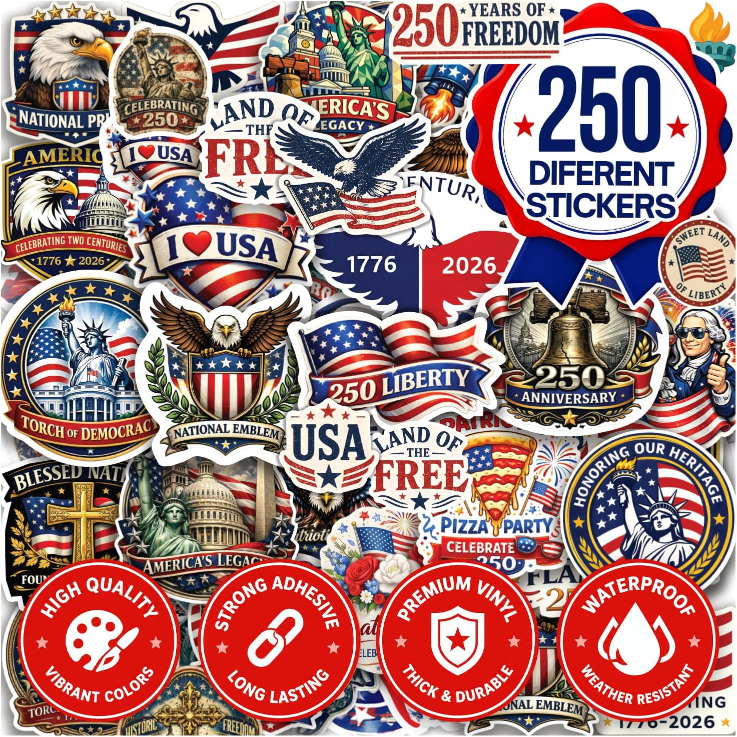 250PCS 250th Anniversary Stickers, America 250 Patriotic Vinyl Decals Set USA