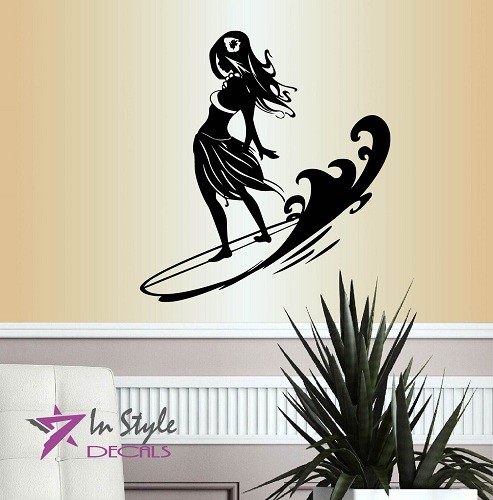 Vinyl Decal Surfing Hula Girl Hawaiian Girl on Surf Board Surfer Sticker 1863