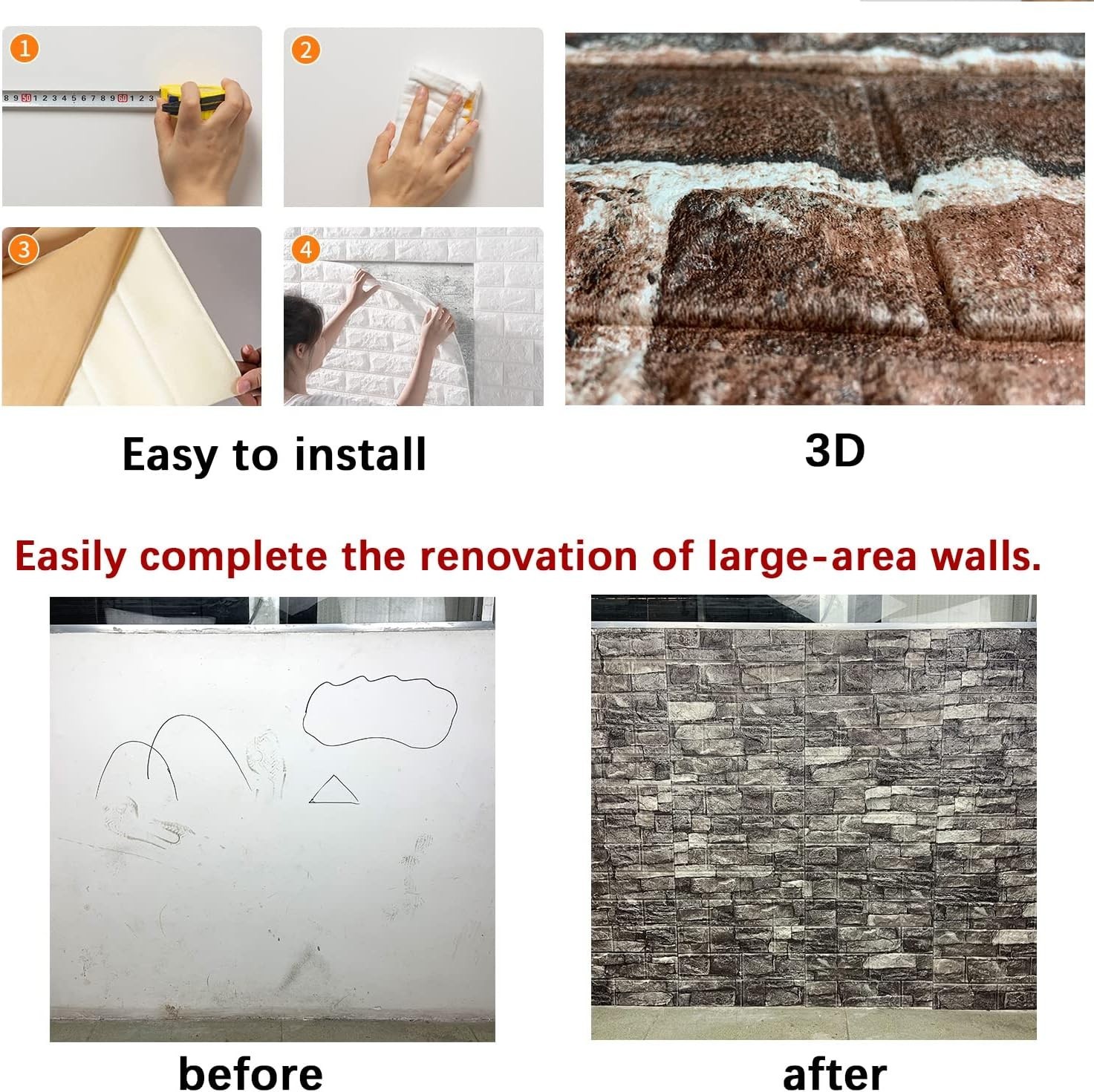 Red 3D Brick Wall Paneling – Pack of 20, Self-Adhesive/-