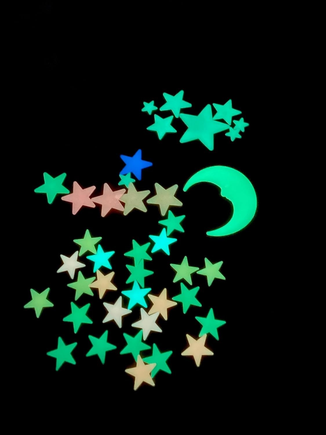 Multi-Colored Glow Stars Set – 200 Room Stickers with Bonus Moon for Kids’ Décor
