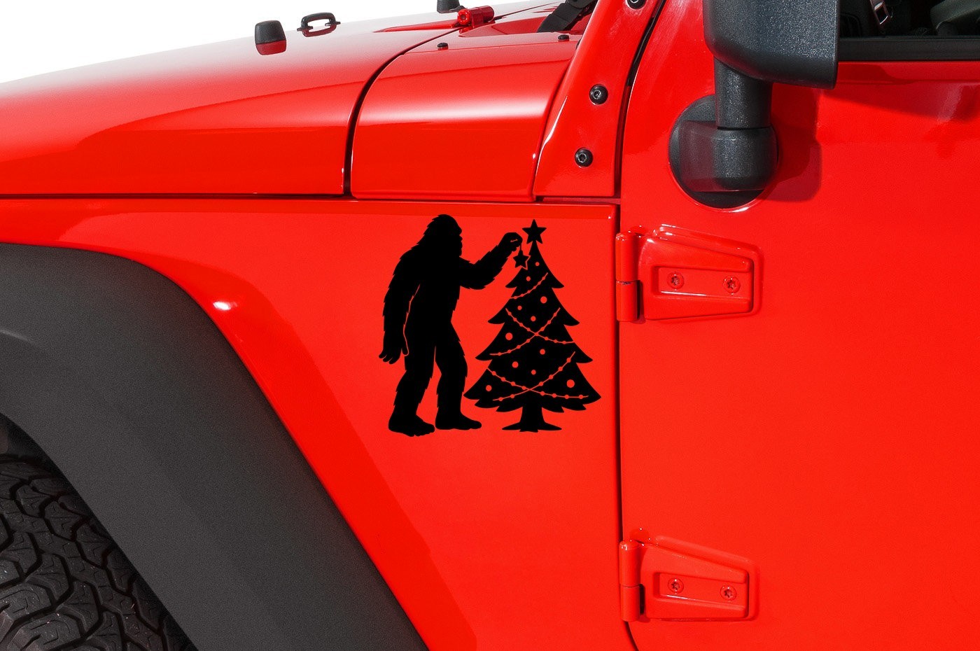 Bigfoot Decorating Christmas Tree V2 Vinyl Decal Sasquatch Holiday Sticker