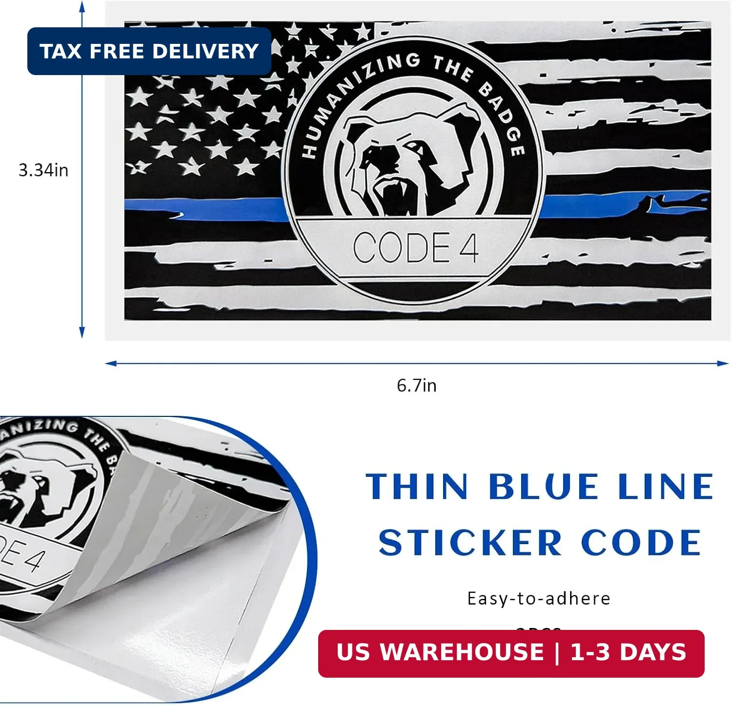 2 PCS Thin Blue Line Sticker Code 4, Law Enforcement Support Decal American Flag