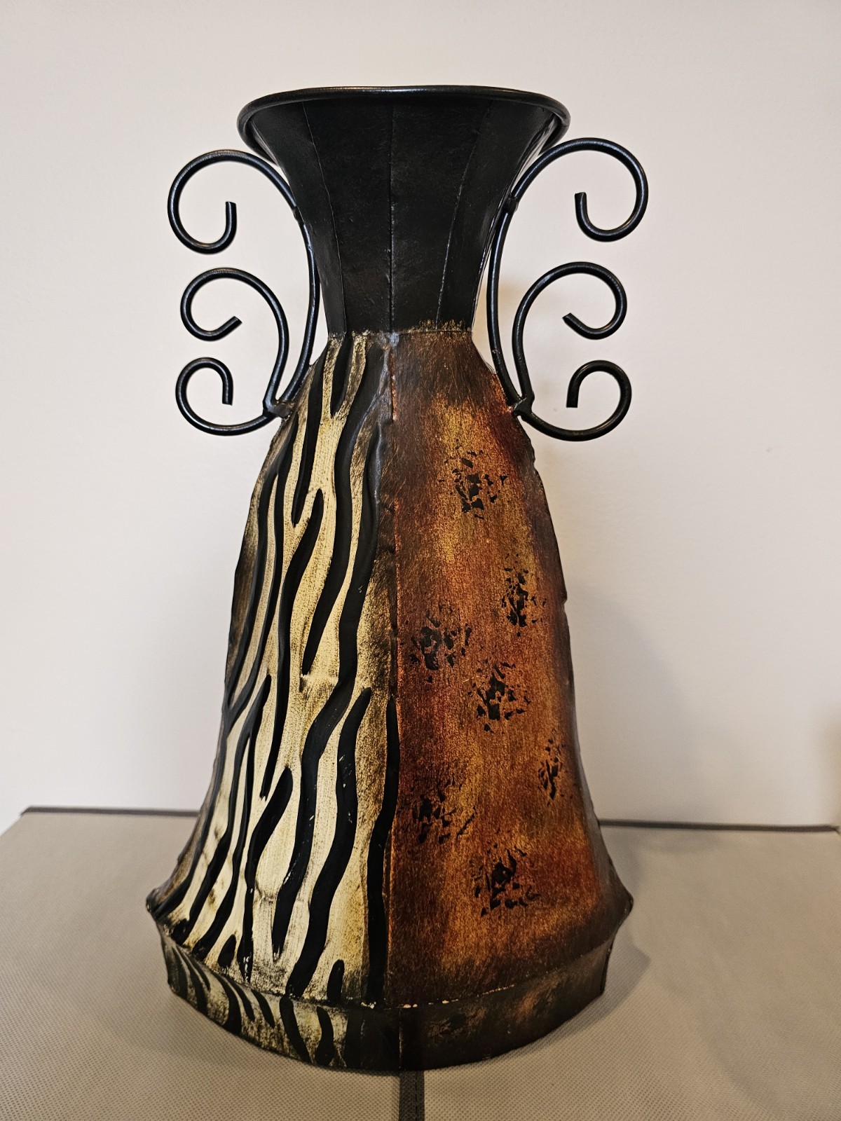 Vintage Safari Metal Vase African Decor Zebra Leopard Print Scroll Handles