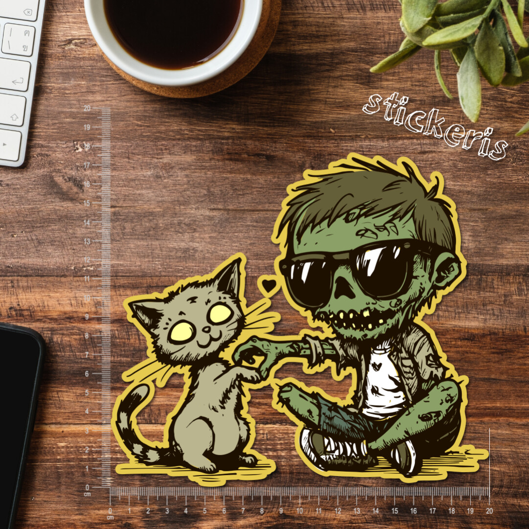 2x Zombie and a cat doing a heart with their hands sticker 4″-11.8″ (up to 47″)