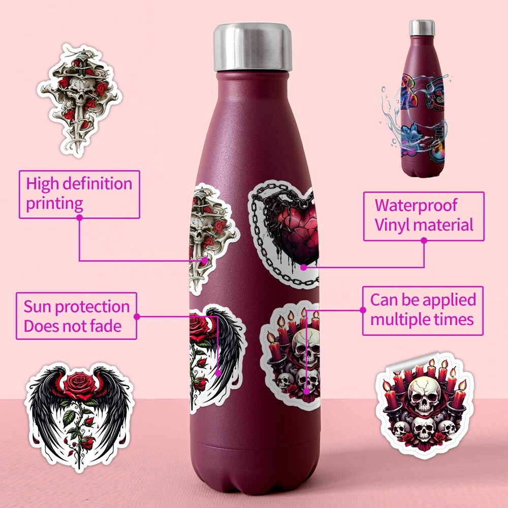 50pcs Waterproof Vinyl Stickers Red Gothic Style Skull Luggage Phone Laptop Car