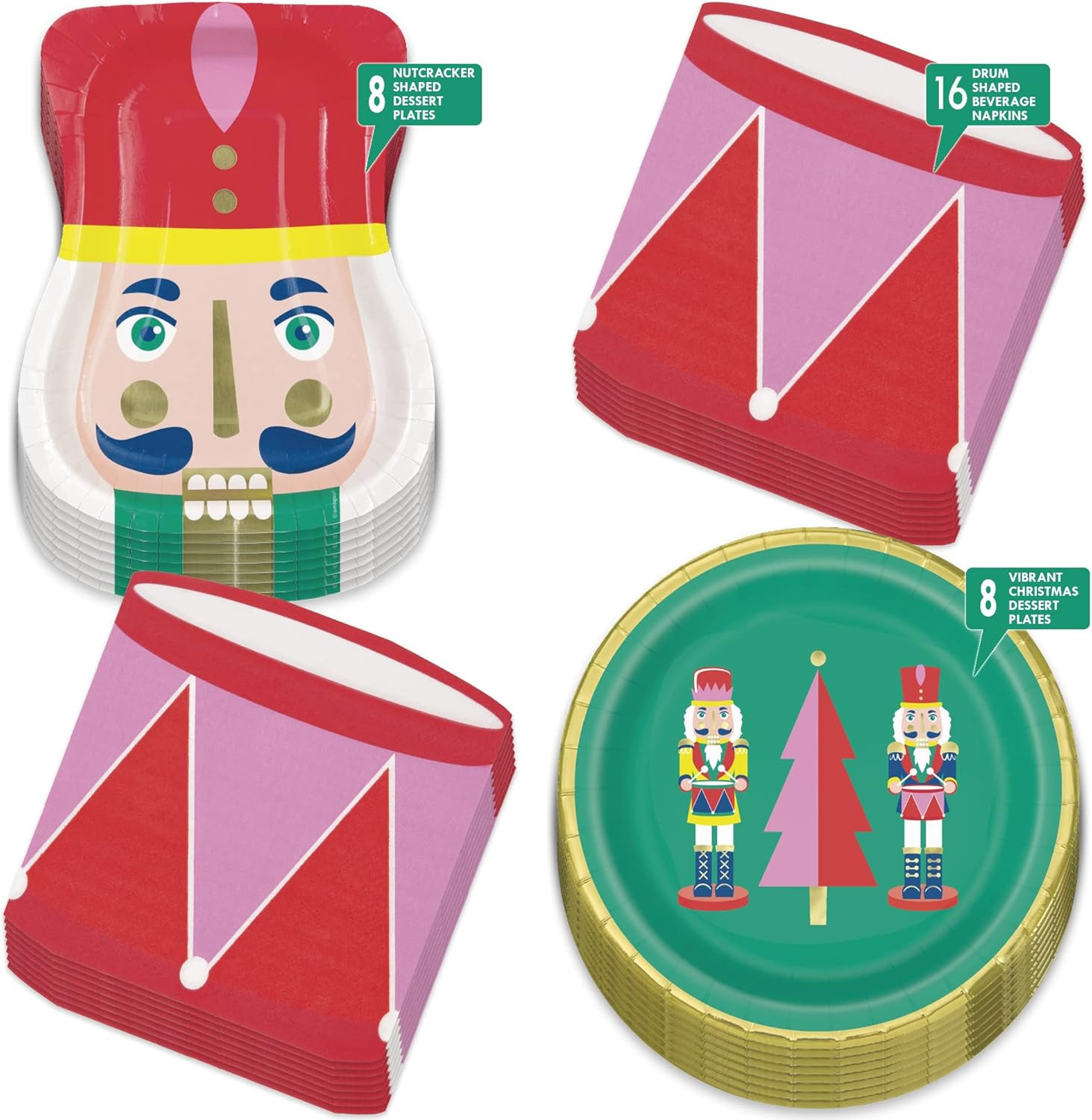 Nutcracker Christmas Party Shaped Paper Plates, Gold Rim Vibrant Tree round Pape
