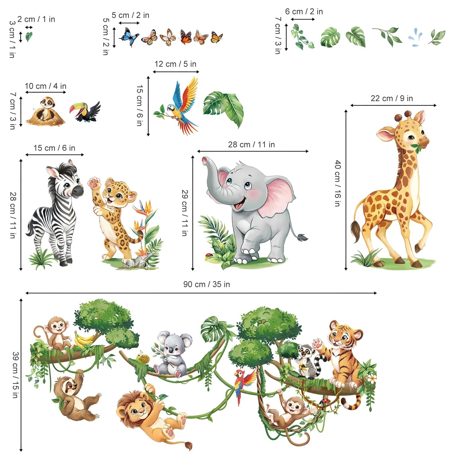 Jungle Animals Tree Branch Safari Giraffe Wall Decals Stickers