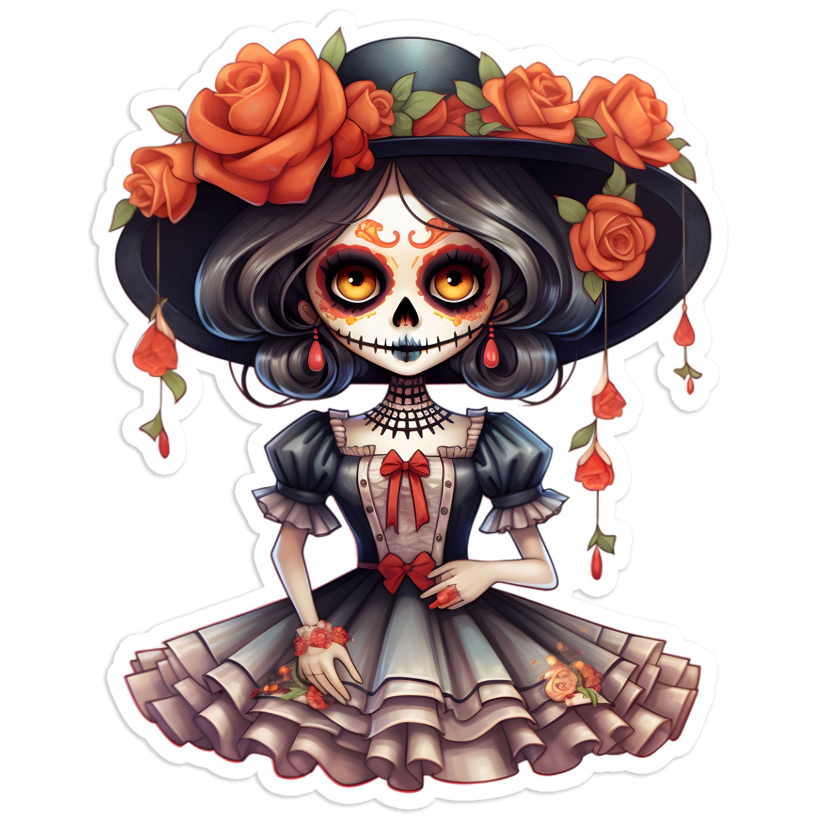 Black Hat Red Rose Day of the Dead Girl – Vinyl Decal Sticker – #1886