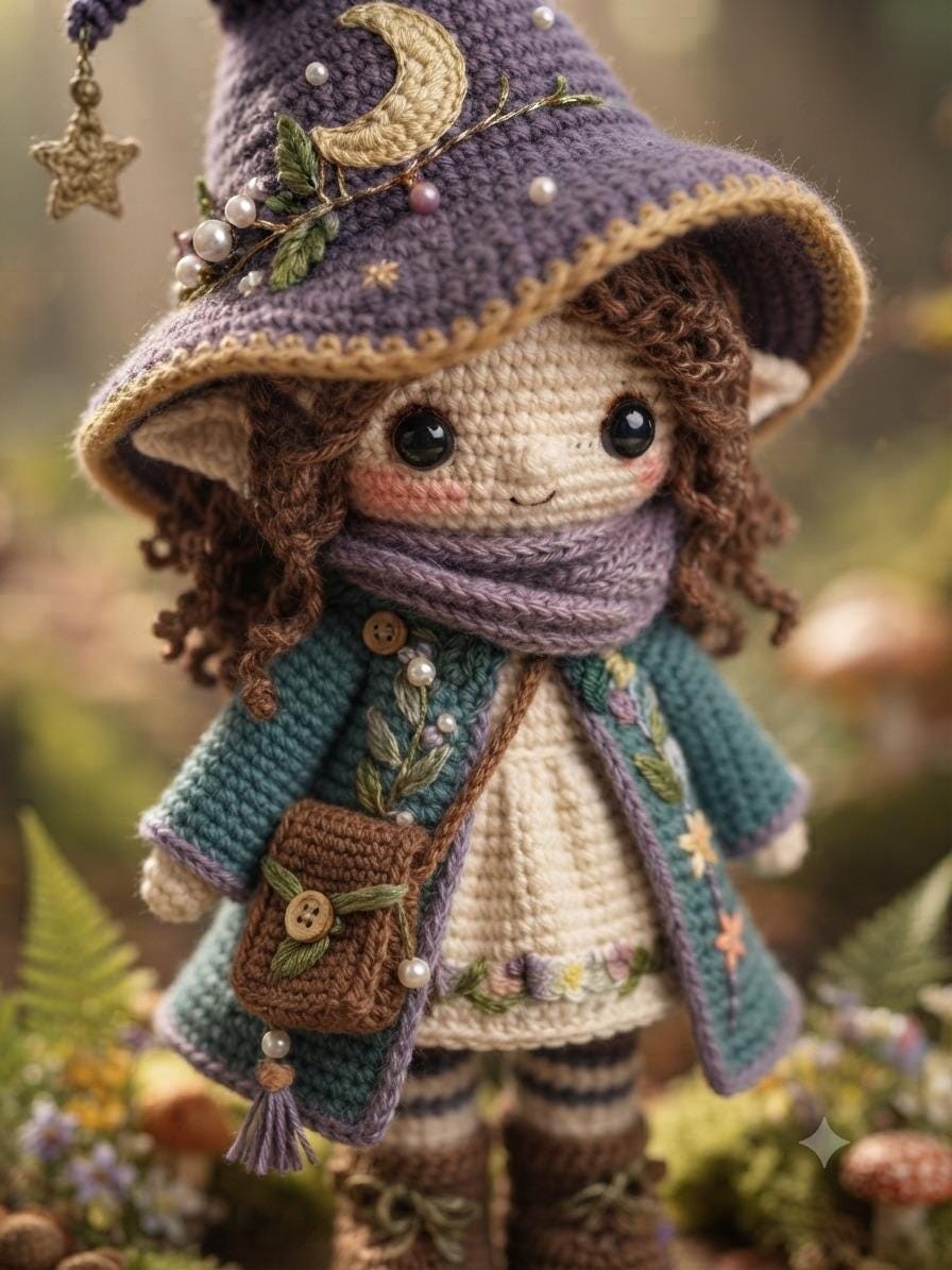 Handmade Crochet Forest Witch Doll Cute Whimsical Amigurumi Fantasy Plush