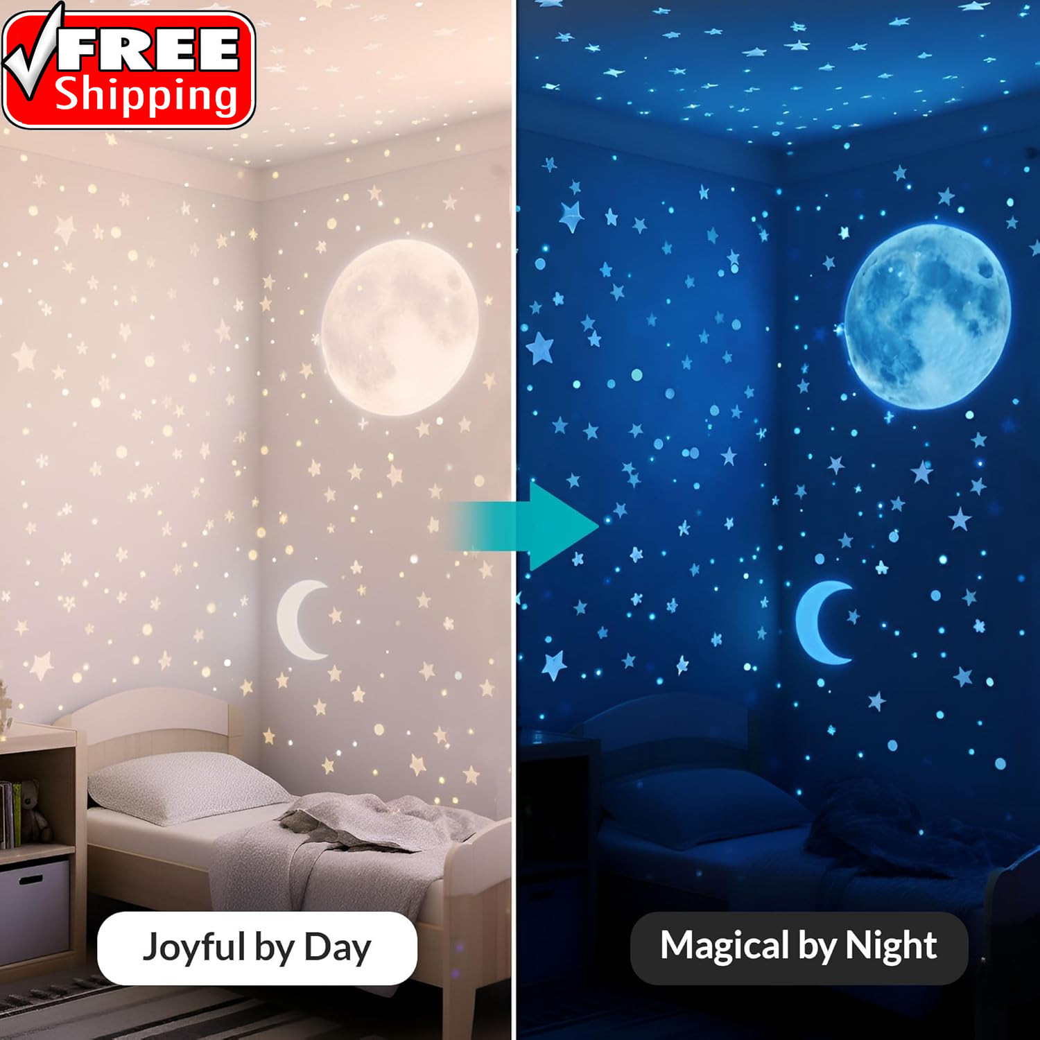 Glow in the Dark Stars for Ceiling, 1050 Pcs with Moons & E-Book (Blue)