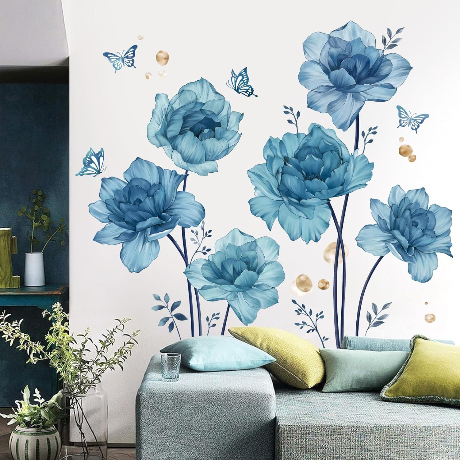 Wondever Large Blue Flowers Wall Stickers Peony Floral Plants Butterfly Peel and