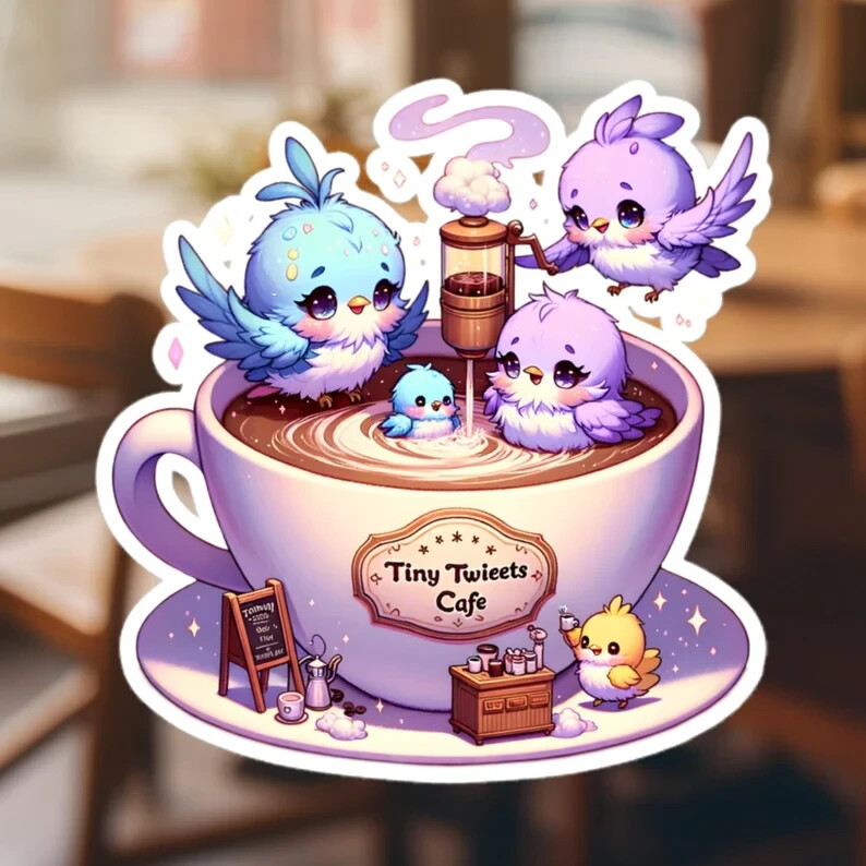 Chibi Birds Fantasy Sticker | Whimsical Tiny Tweets Café Vinyl Decal for Laptops