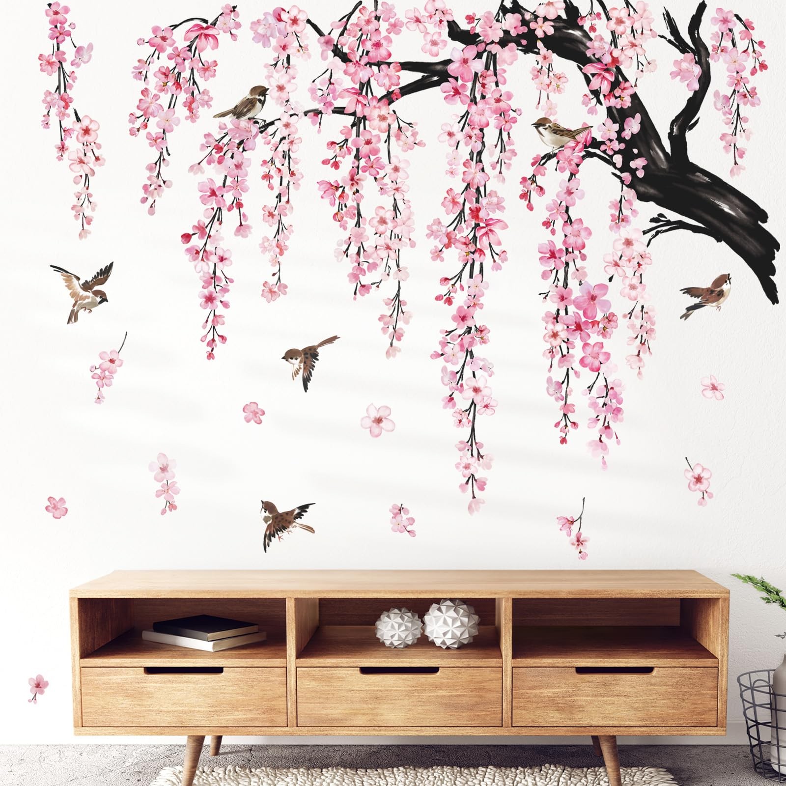 wondever Large Flower Tree Branch Wall Stickers Pink Cherry Blossom Multi