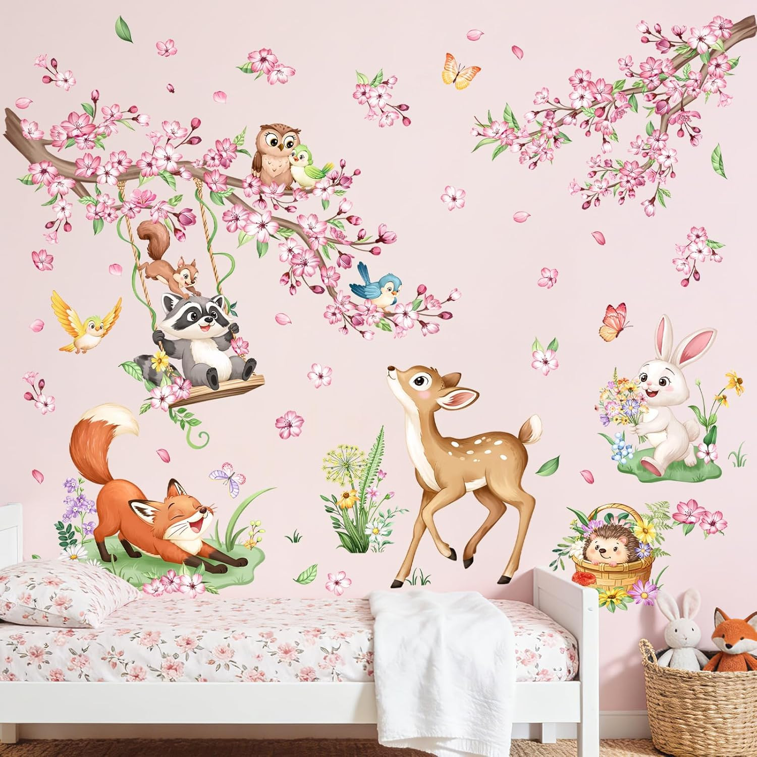 Woodland Animal Wall Decals Cherry Blossom Flower Tree Branch Deer Wall Sticker