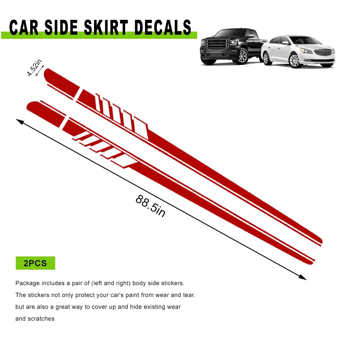 2 PCS Car Side Skirt Decals, 88.58″×4.52″ PVC Racing Sports Stickers Waterpro…