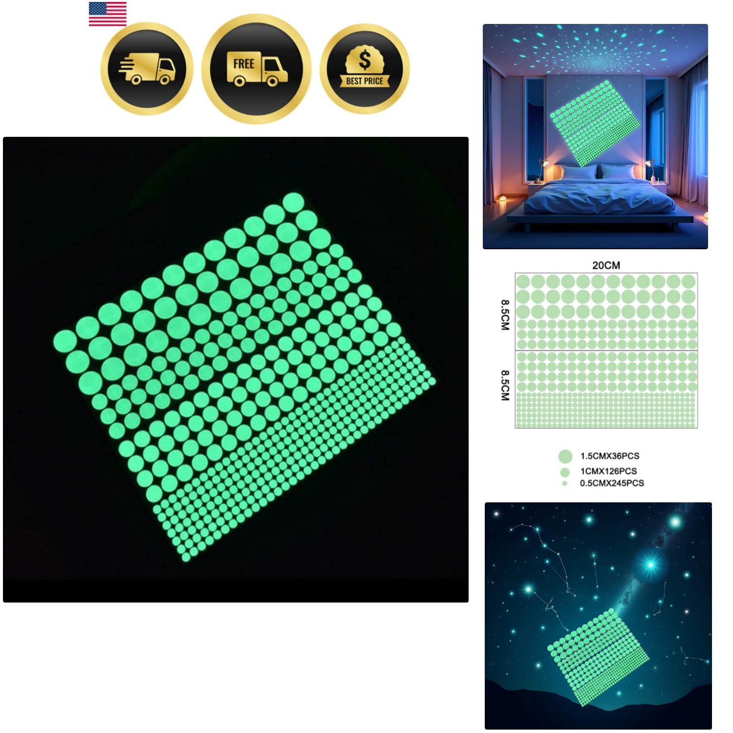 407Pcs Glow-in-The-Dark Wall Decals – Removable Self-Adhesive Dots for Kids B…