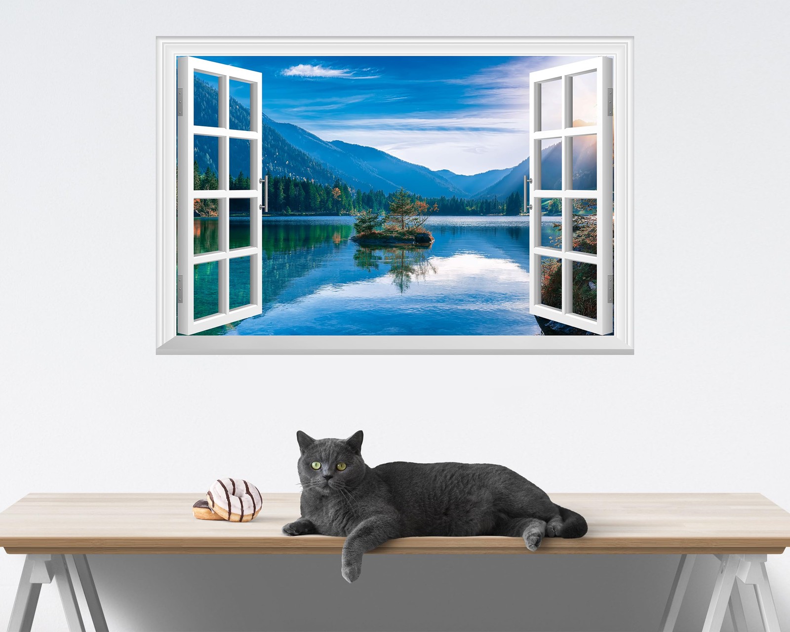 Fake Window Wall Mural – Mountain Lake Faux Window Wall Sticker for Wall Deco…