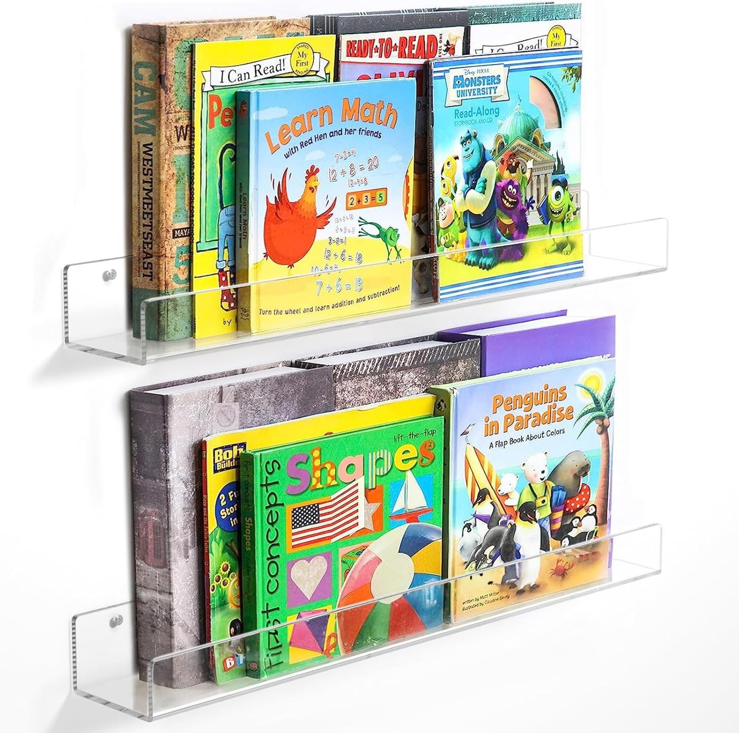 NIUBEE 24-Inch Acrylic Kids Floating Bookshelves, 2-Pack, Wall Mounted #R032