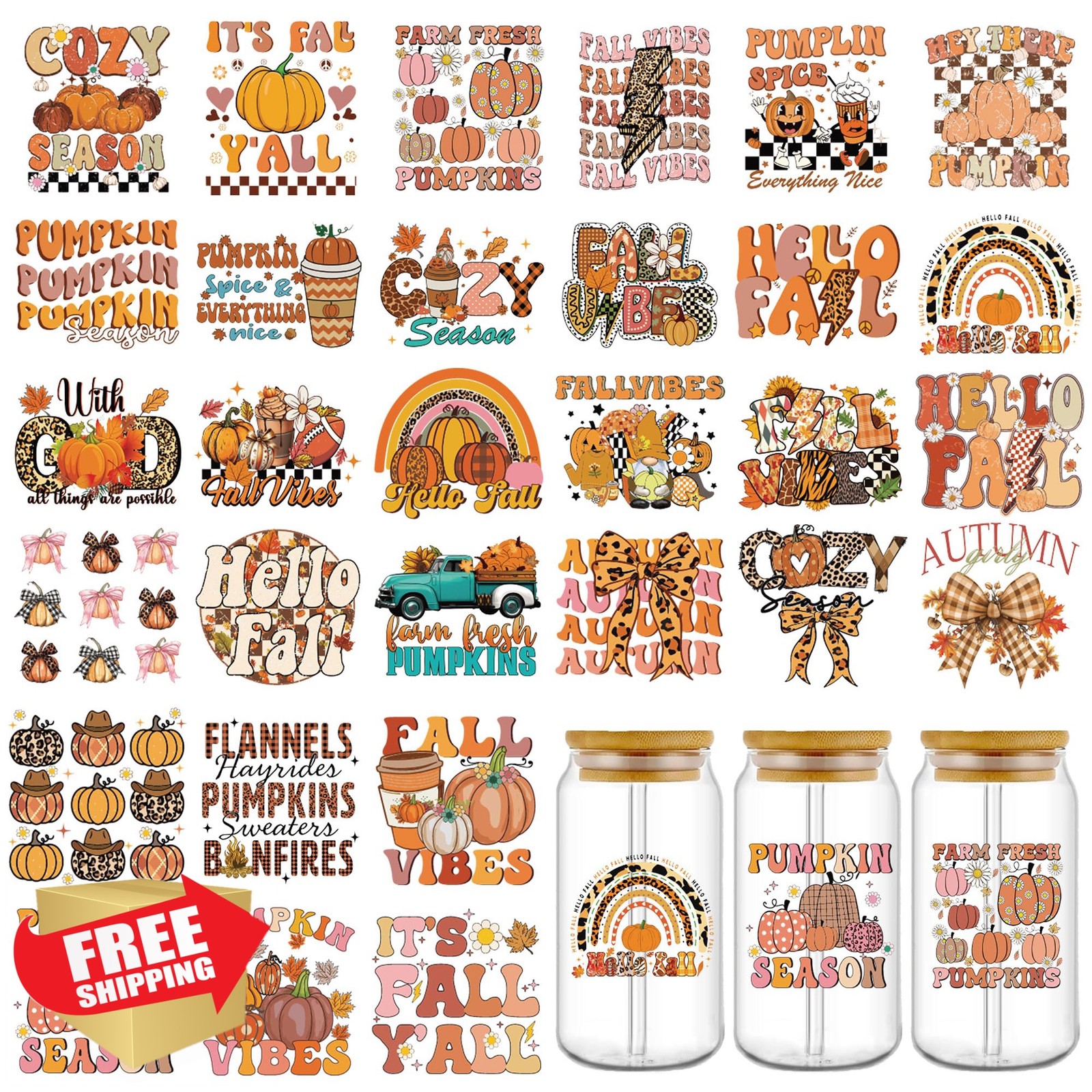 EoBeCy Retro Fall UV DTF 16 oz tumbler wraps stickers