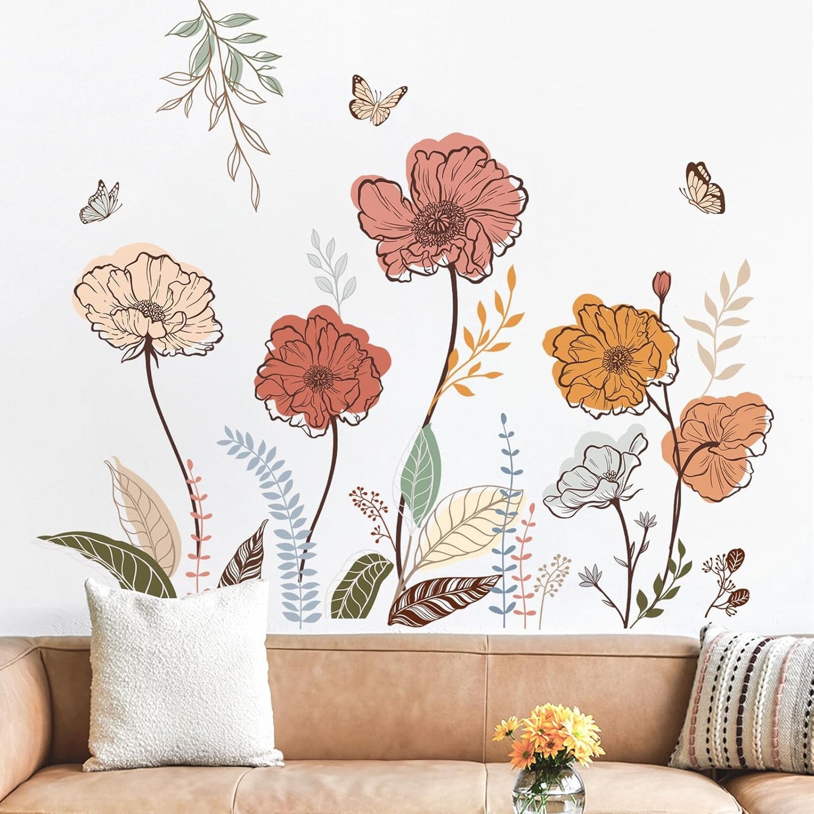 Boho Flower Wall Stickers Floral Grass Peel and Stick Wall Art Decals for Living