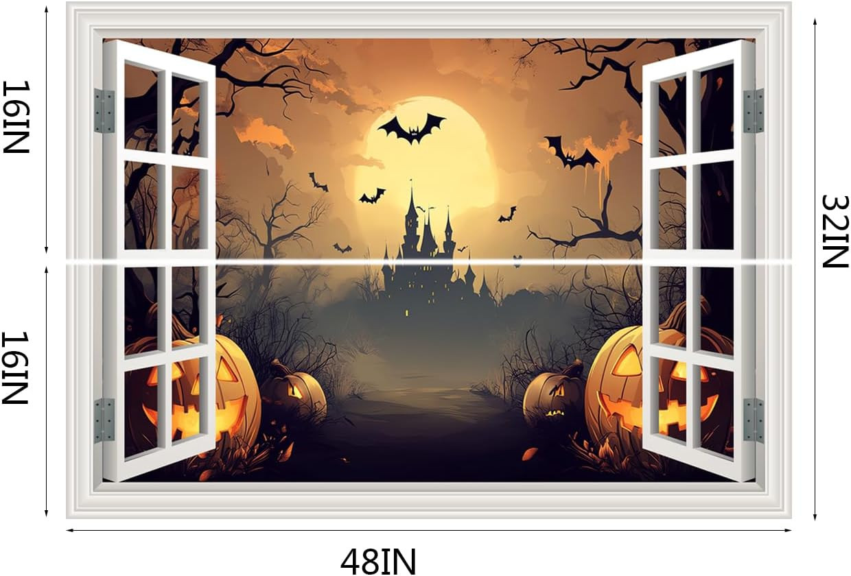 Halloween Decorations Fake Window Wall Decals，Full Moon Night View Terror Castle