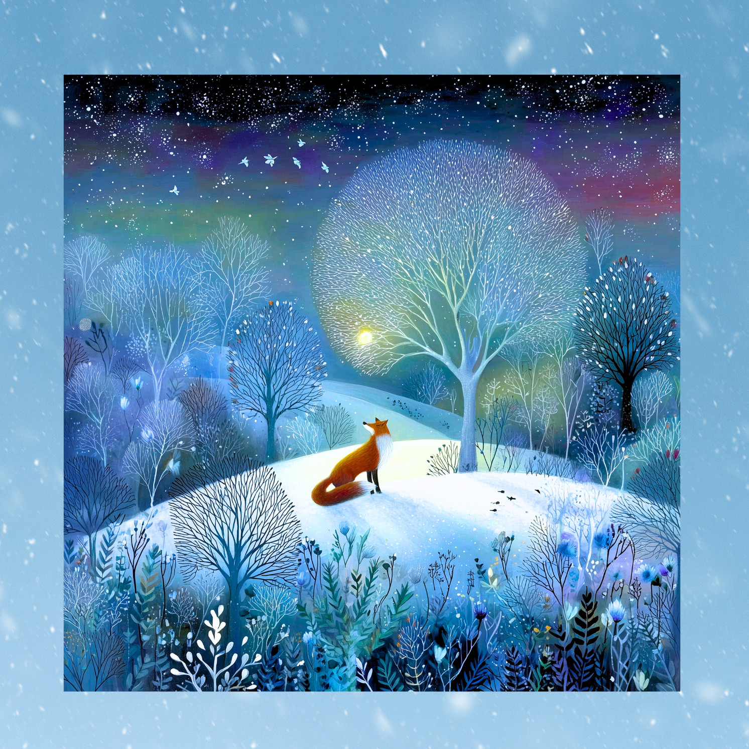 Woodland Fox on Snowy Winter Night WINDOW CLING Size 8″ Vinyl