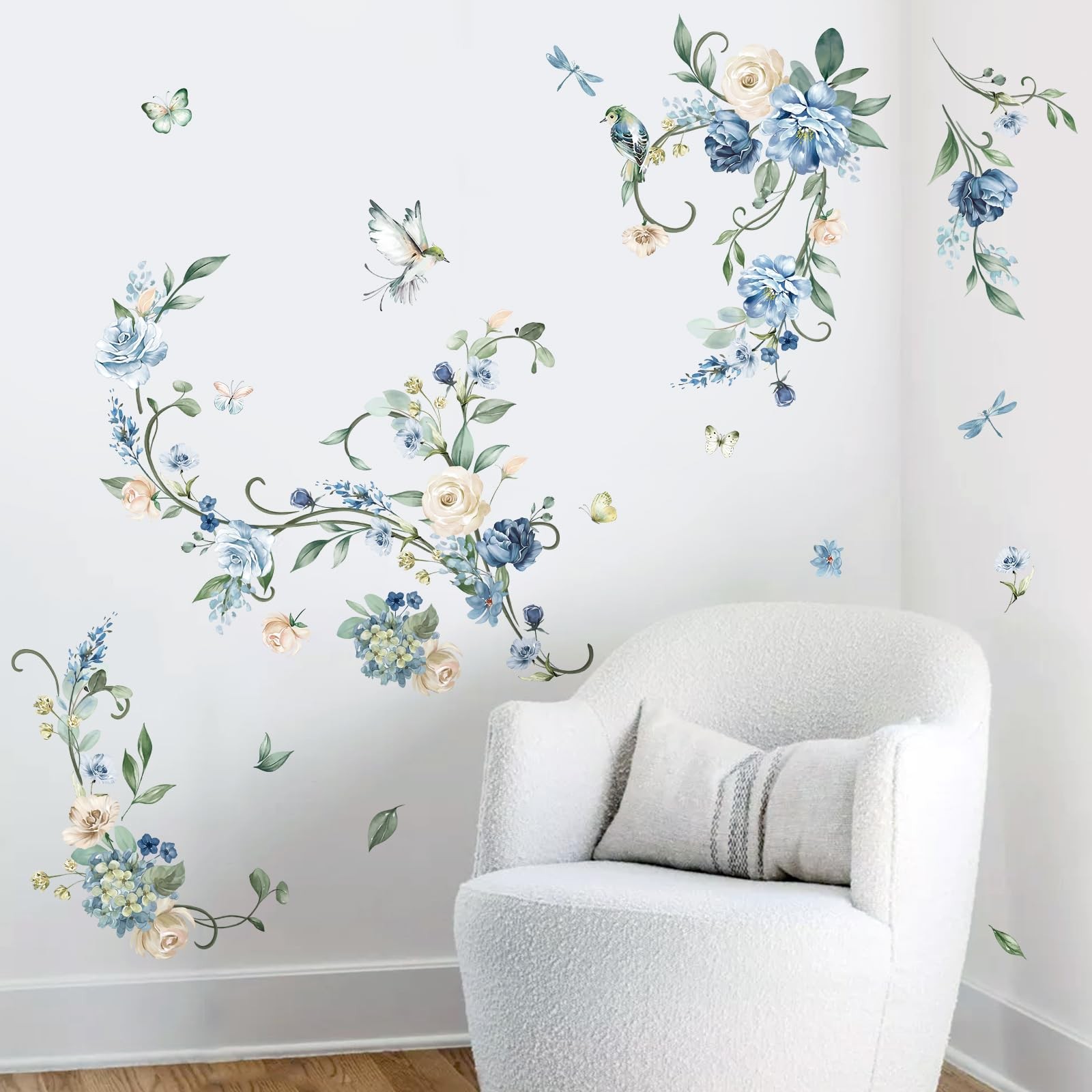 wondever Flower Vines Wall Stickers Blue Rose Watercolor Floral Peel and Stic…