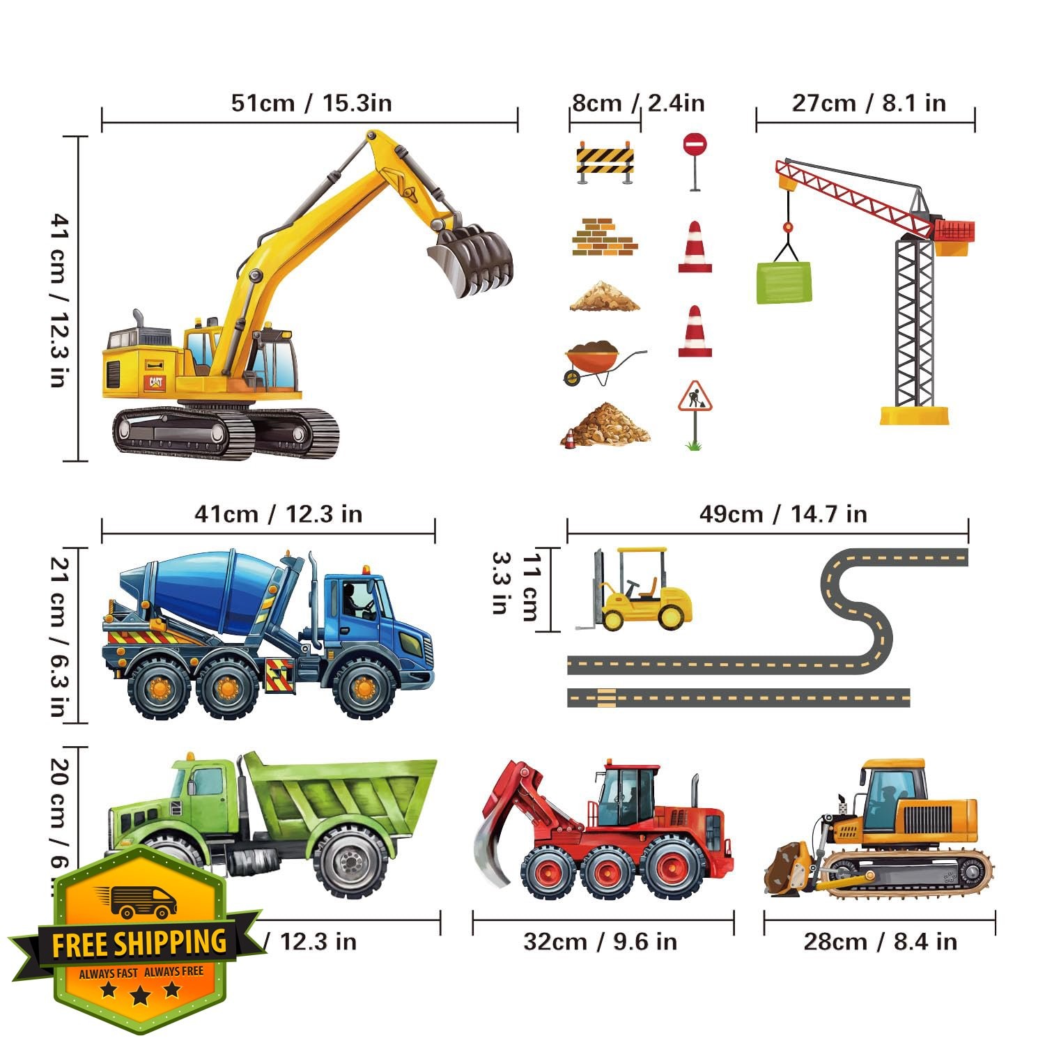Construction Vehicles Wall Decals Trucks Kids Room Nursery Decor