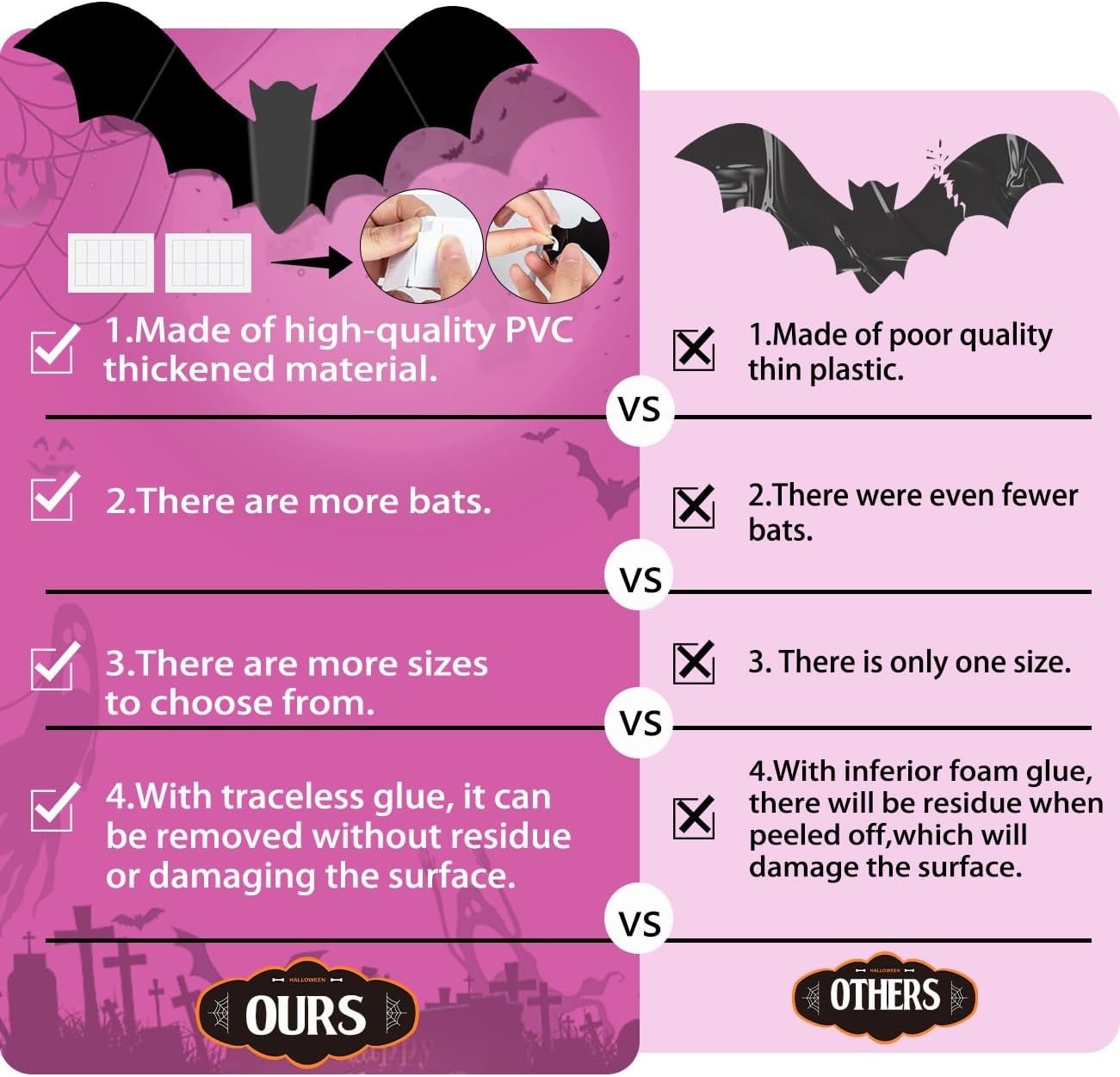 Charming 48PCS Pink Bat Wall Stickers – Glittery Halloween Accent Decor