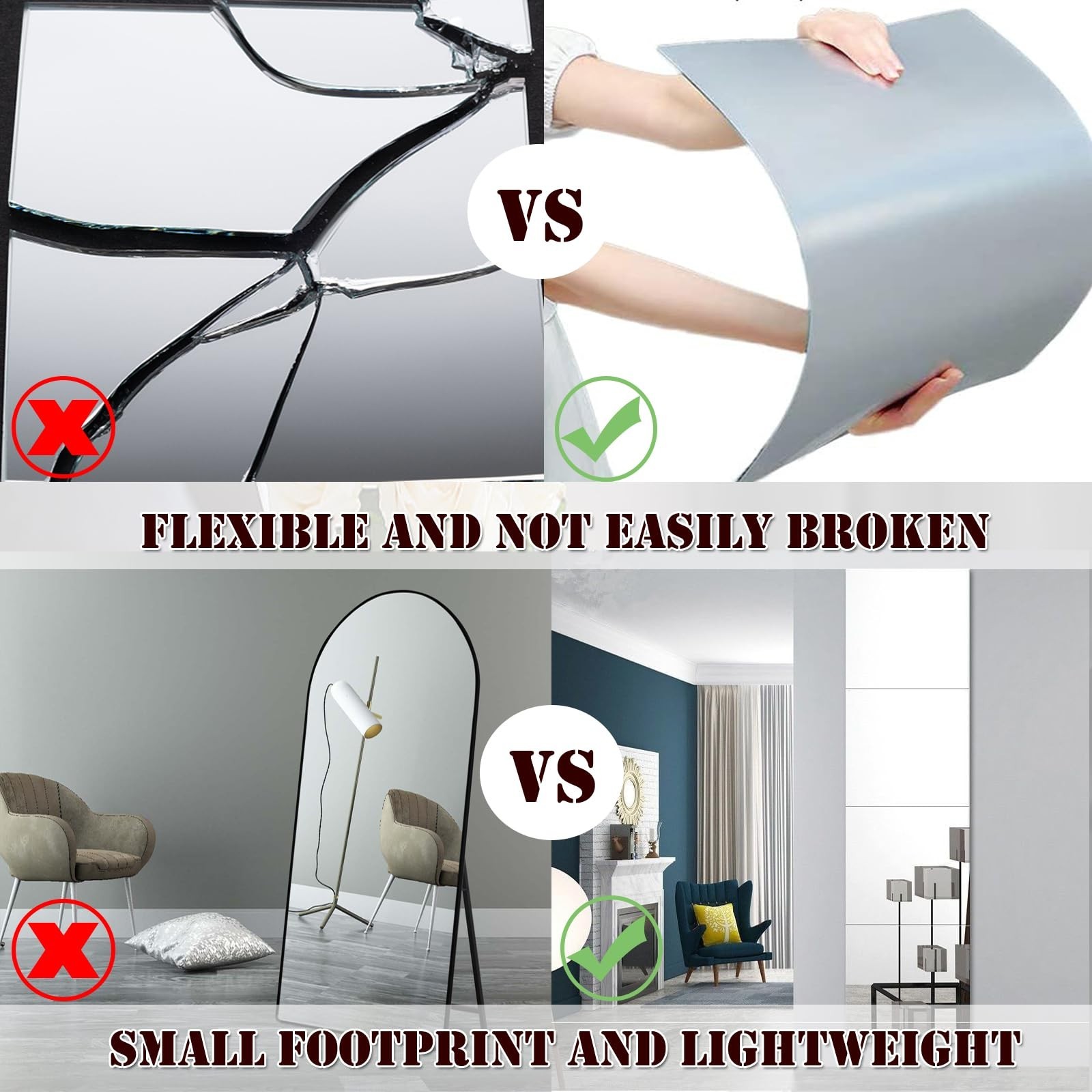 8x6in Self Adhesive Acrylic Mirror Tiles Flexible Wall Stickers 4PCS