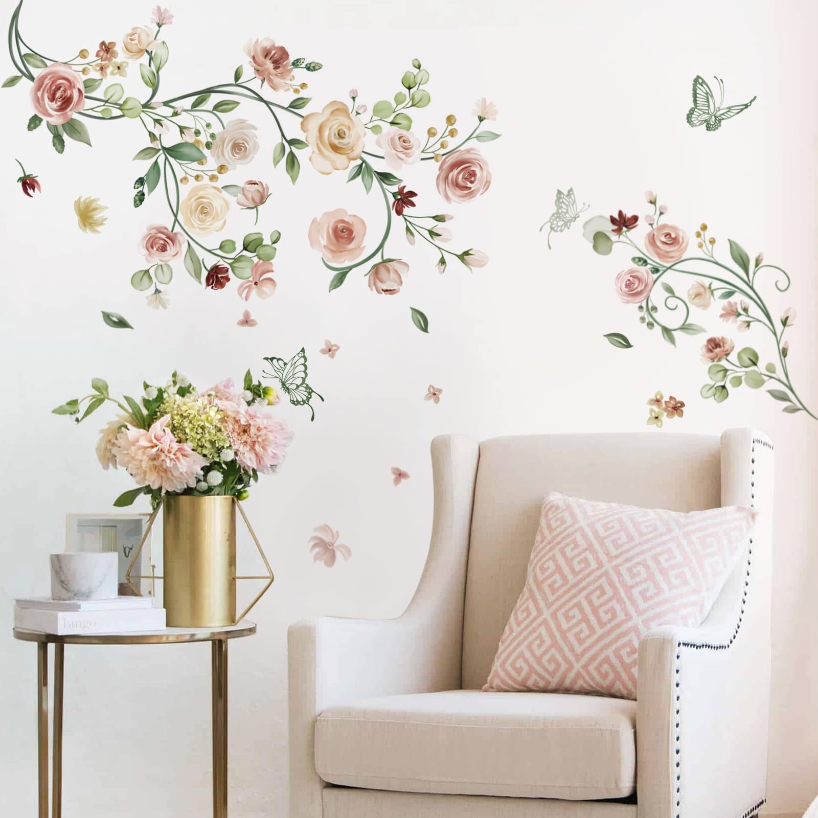 wondever Rose Vine Flower Wall Stickers Watercolor Garden Floral Peel and Sti…