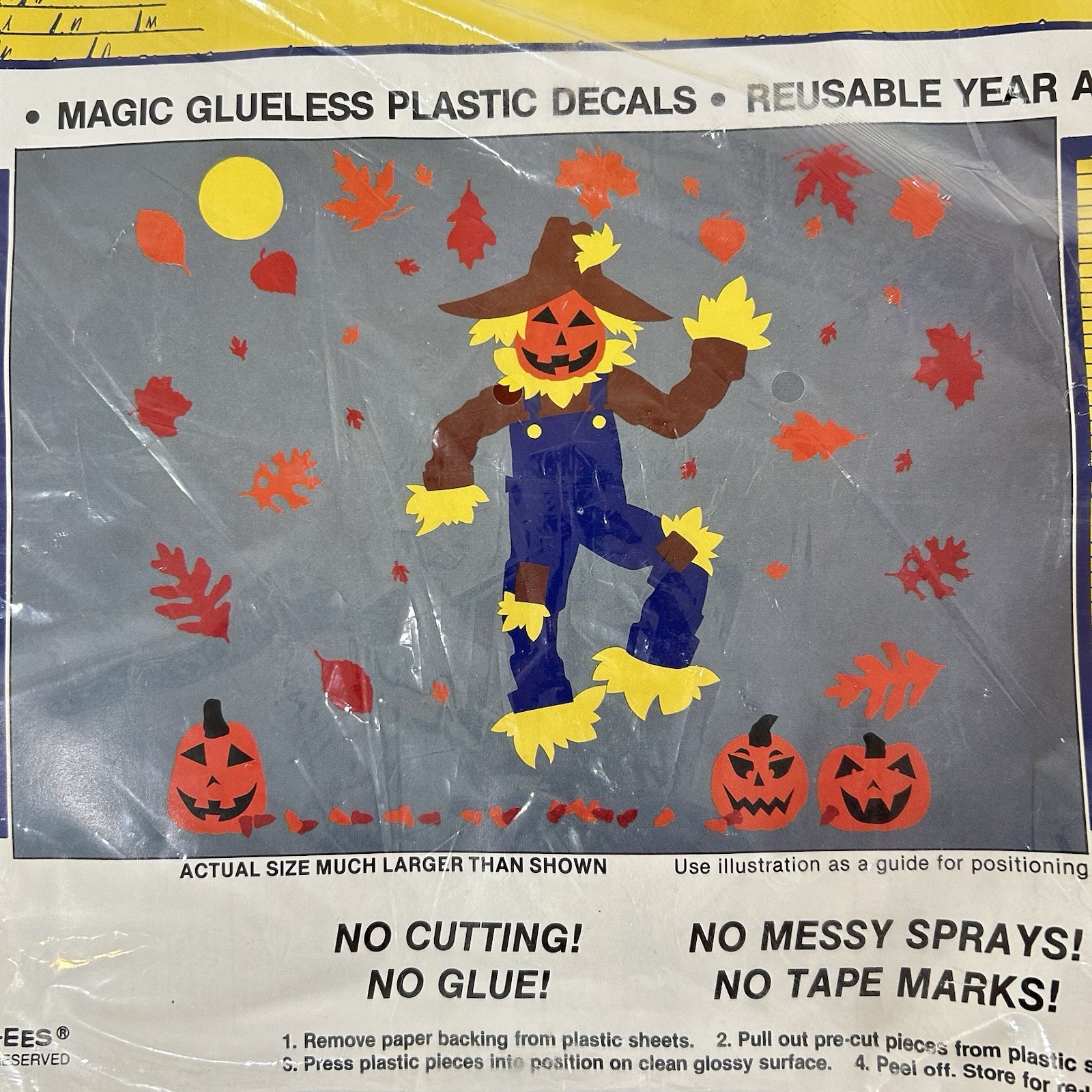 Vtg 1993 Halloween Stik-EES Plastic Window Clings Scarecrow Pumpkin Autumn Fall