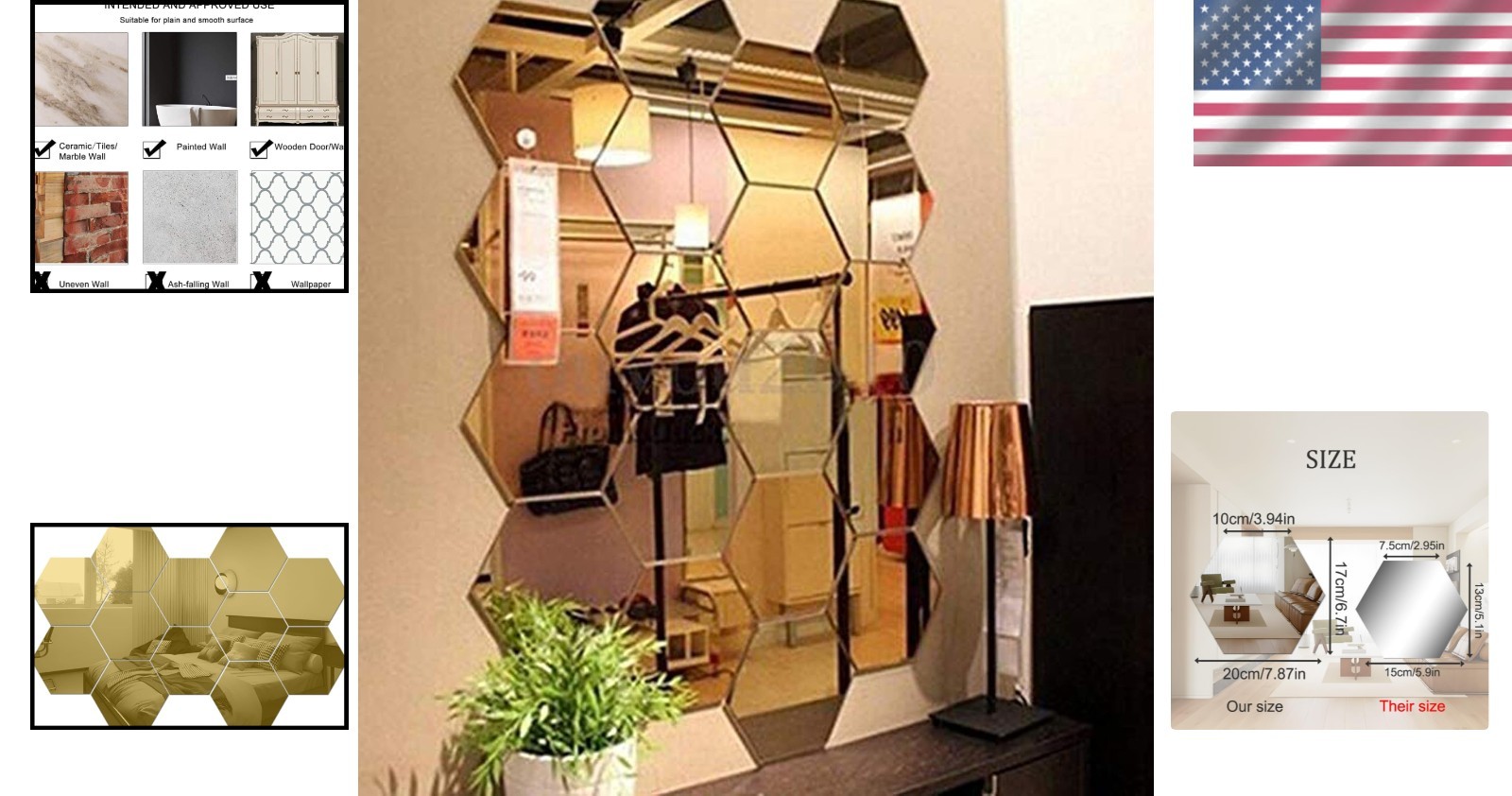 12PCS Gold Hexagonal Mirror Wall Stickers – Elegant DIY Decor for Modern Spaces