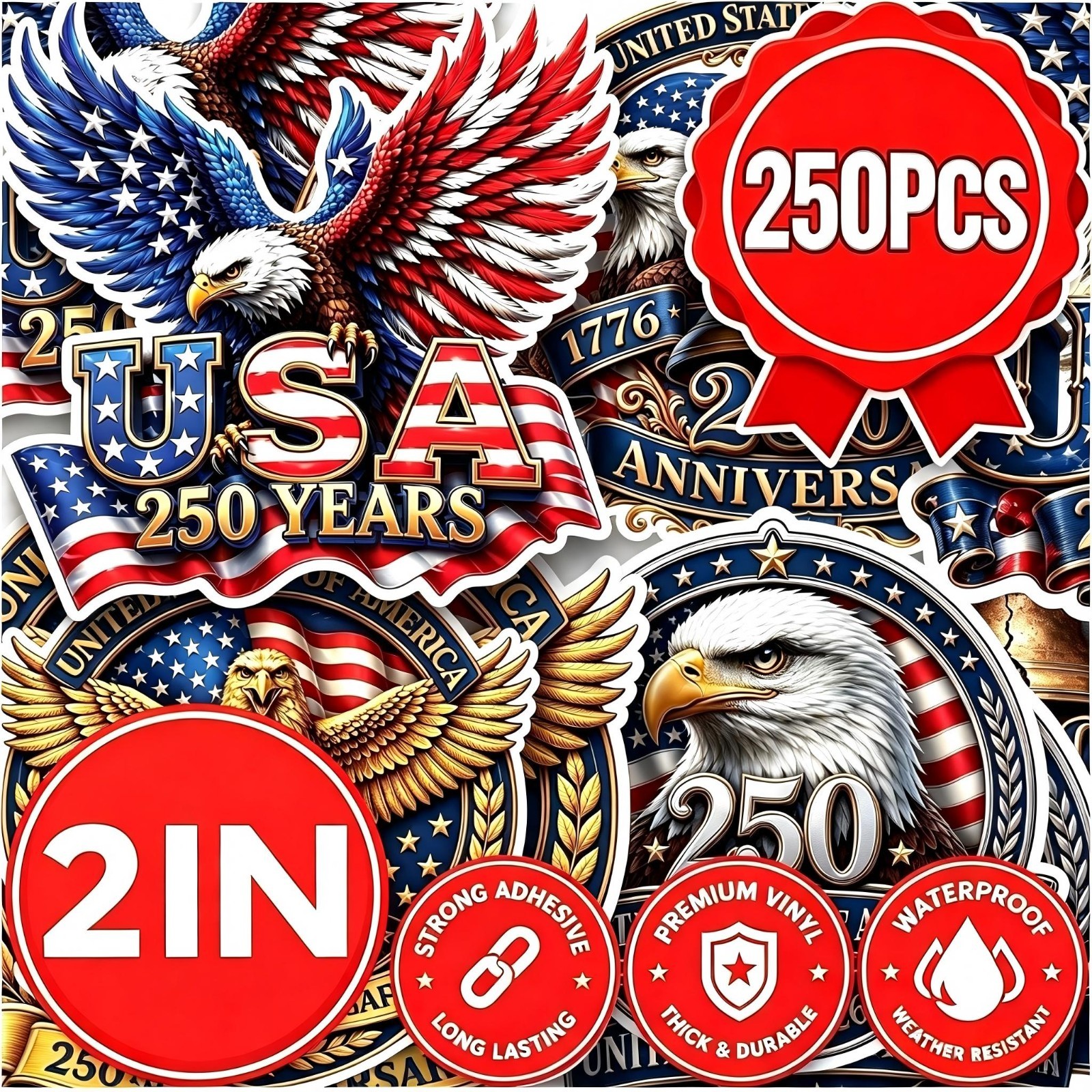 250PCS 250th Anniversary Stickers, America 250 Patriotic Vinyl Decals Set USA