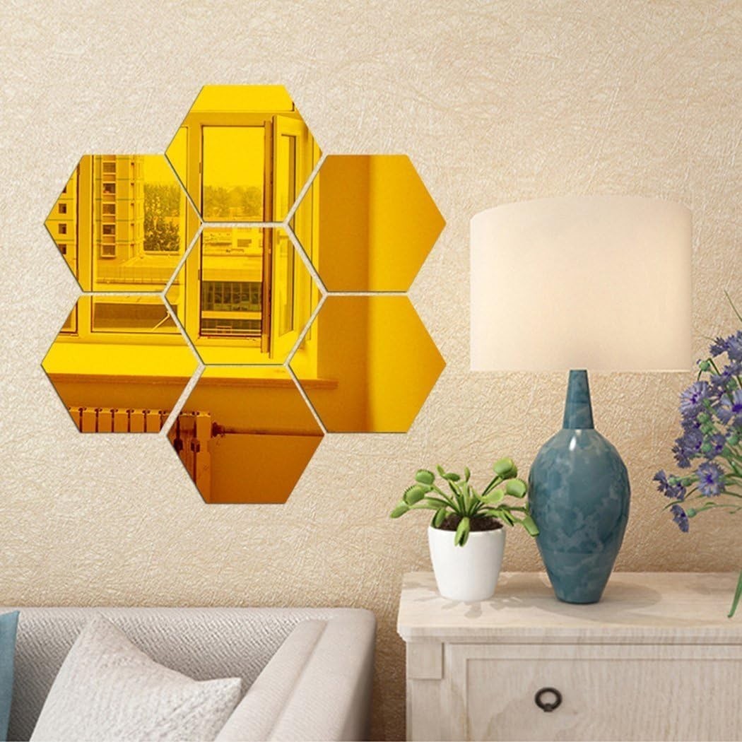 12PCS Gold Hexagonal Mirror Wall Stickers – Elegant DIY Decor for Modern Spaces