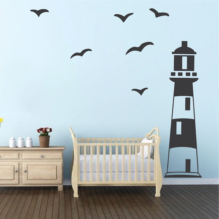 Lighthouse Wall Decal, Seaside Scenery Wall Vinyl, Seagulls Wall Stickers, b21