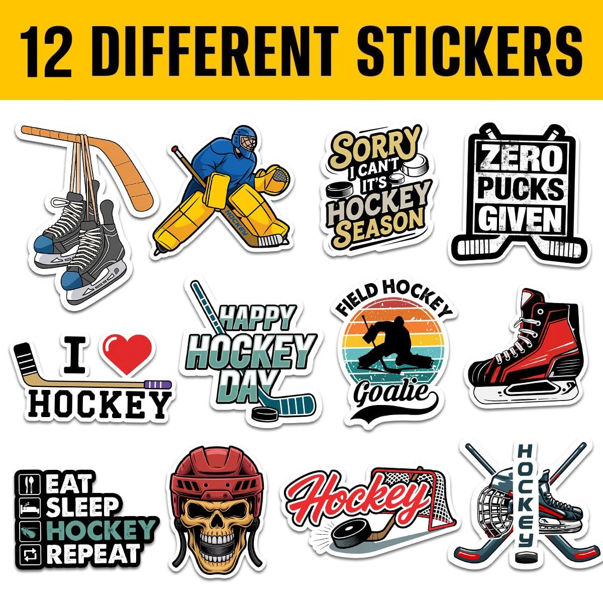 12pcs Ice Hockey Stickers Pack for Players, Fans & Athletes – Funny Goalie, Stic