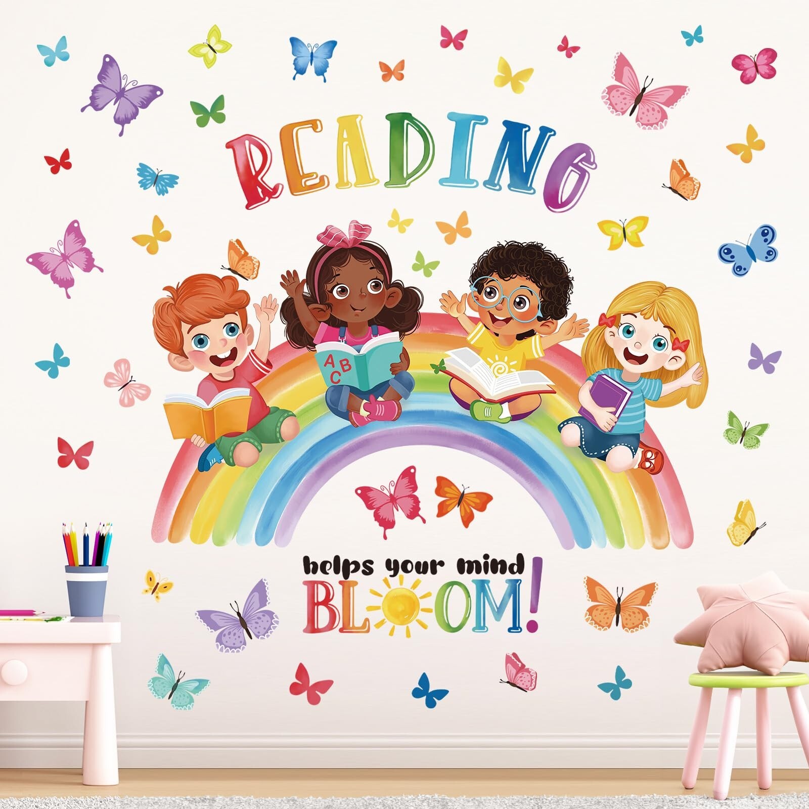wondever Reading Corner Rainbow Wall Decals Butterflies Kids Inspirational Qu…