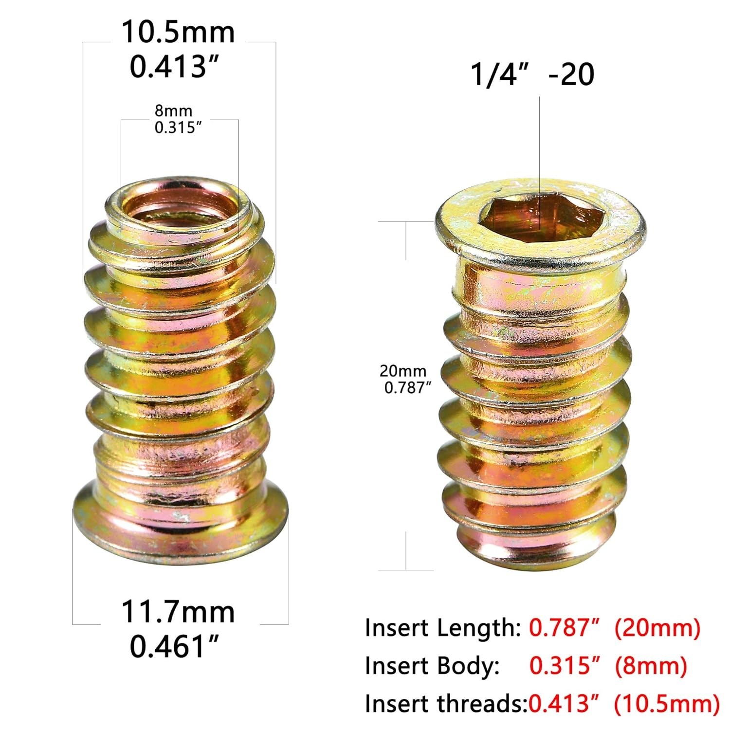 PGMJ 200 Pcs Threaded Inserts for Wood – One Size, 200 1/4″-20 x 20mm