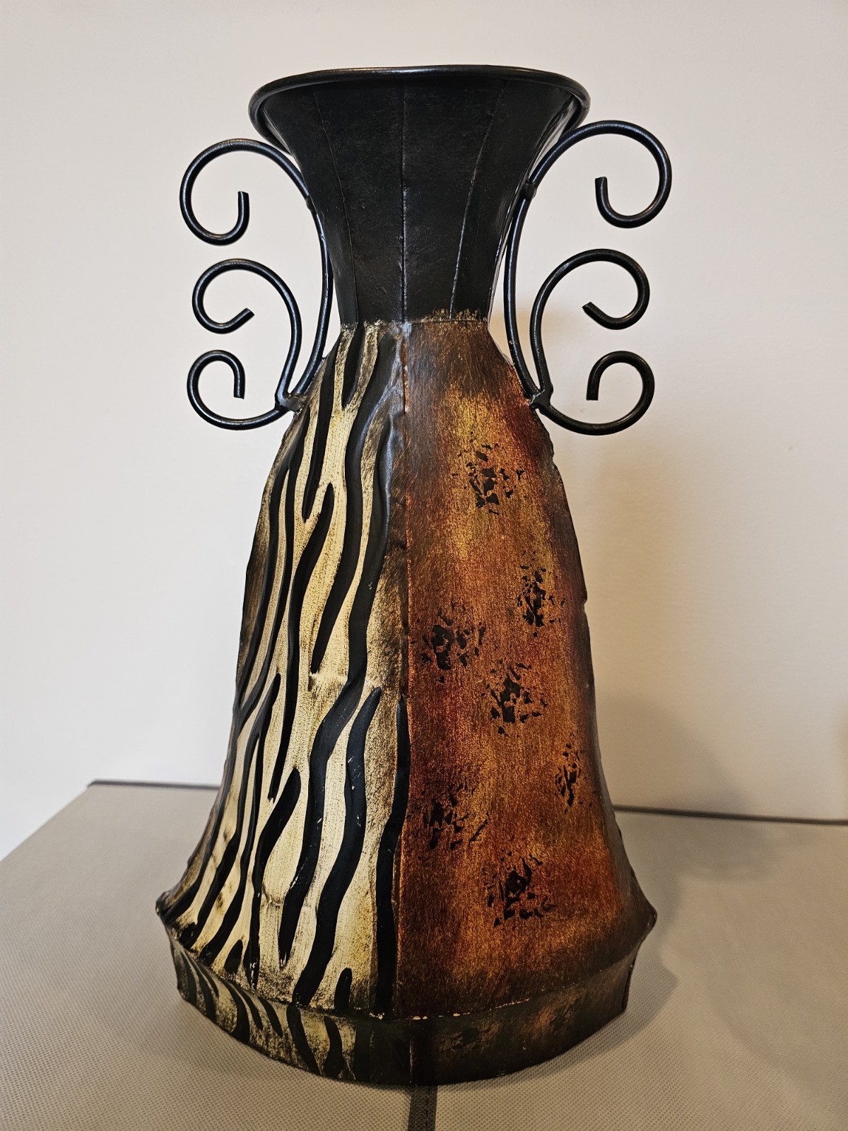 Vintage Safari Metal Vase African Decor Zebra Leopard Print Scroll Handles